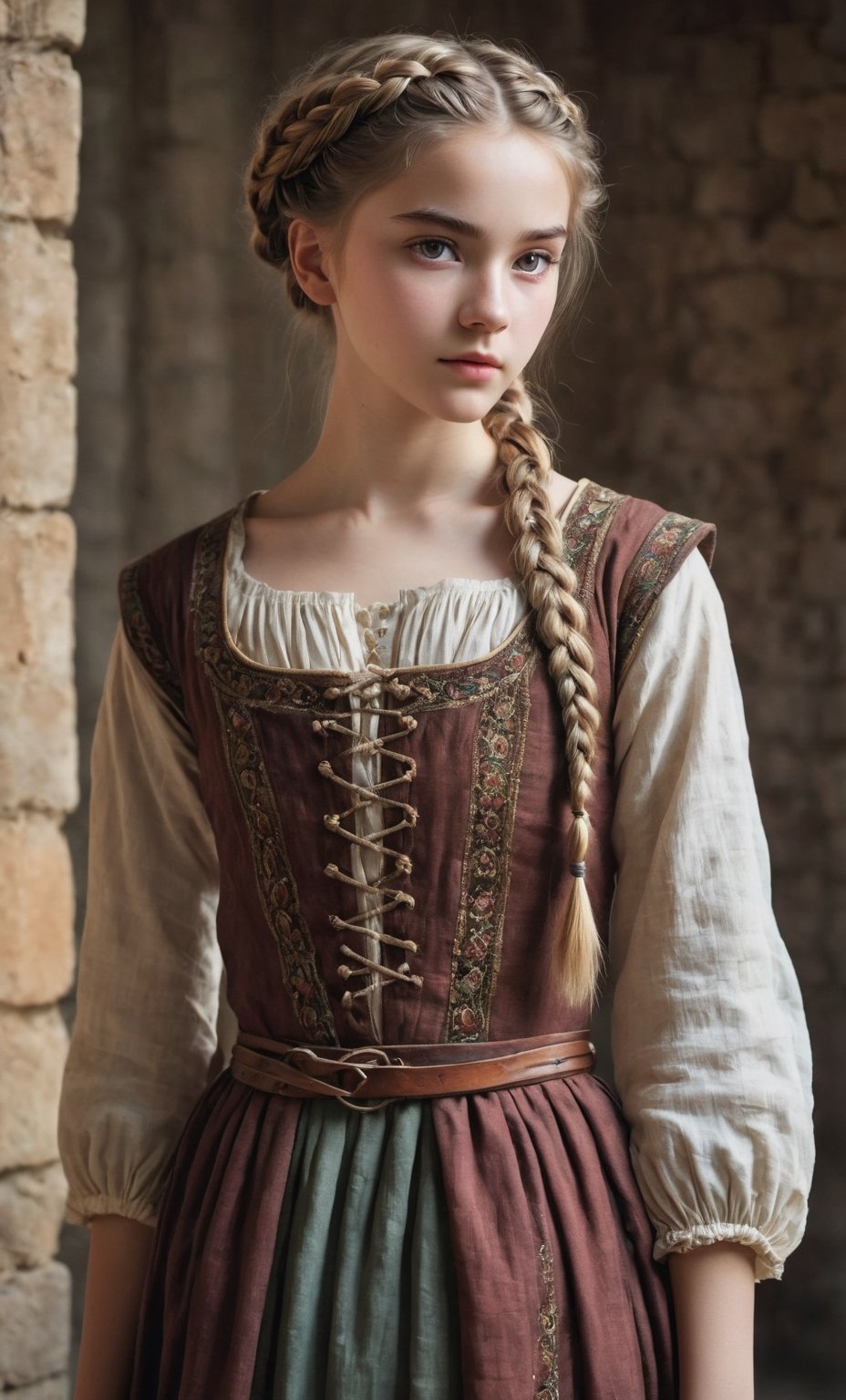  (full_body shot:2.0), 1girl, age 18, (girl wearing 8th century clothing), (european teen), braided hair, slender, dark theme, soothing tones, muted colors, high contrast, (natural skin texture, hyperrealism, soft light, sharp), perfecteyes eyes, hand, perfect, hand, fingers, photo of perfecteyes eyes,