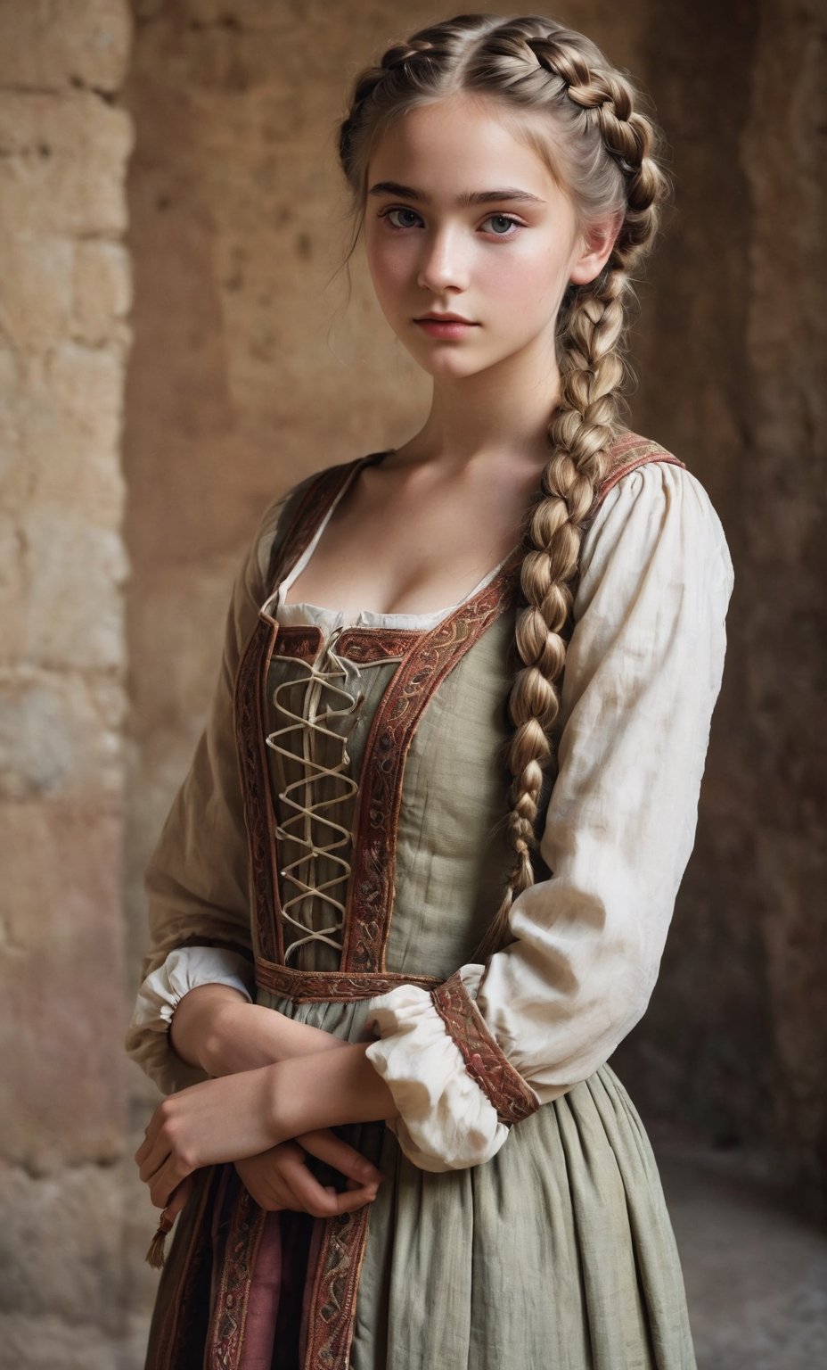  (full_body shot:2.0), 1girl, age 18, (girl wearing 8th century clothing), (european teen), braided hair, slender, dark theme, soothing tones, muted colors, high contrast, (natural skin texture, hyperrealism, soft light, sharp), perfecteyes eyes, hand, perfect, hand, fingers, photo of perfecteyes eyes,