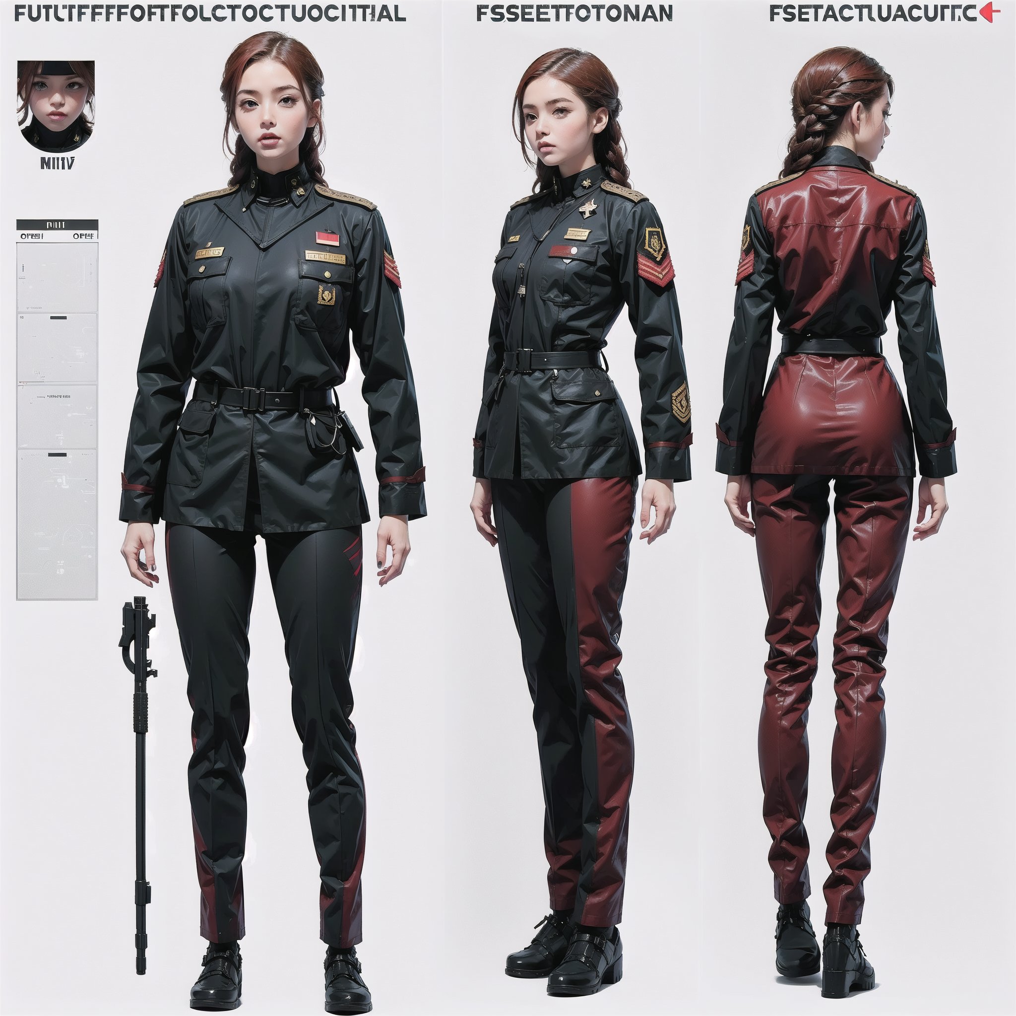 1girl, (wearing white-red futuristic senior officer military uniform:1.4), (full_body shot:1.3), (side view:1.2), (character sheet:1.4), 
BREAK, braided red hair, european, slender,
BREAK, soothing tones, muted colors, high contrast, natural skin texture, hyperrealism, soft light, sharp,
BREAK, perfect eyes, hand, perfect fingers, Realistic, 
BREAK, white background,