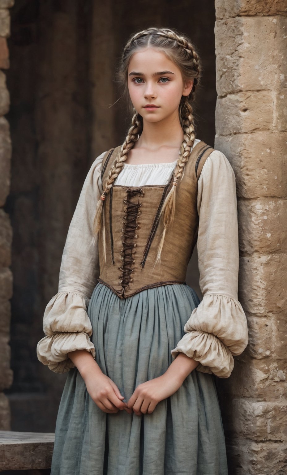  (full_body shot:2.0), (front view), 1girl, age 18, (girl wearing 8th century clothing standing on a platform), (european teen), braided hair, slender, dark theme, soothing tones, muted colors, high contrast, (natural skin texture, hyperrealism, soft light, sharp), perfecteyes eyes, hand, perfect, hand, fingers, photo of perfecteyes eyes,