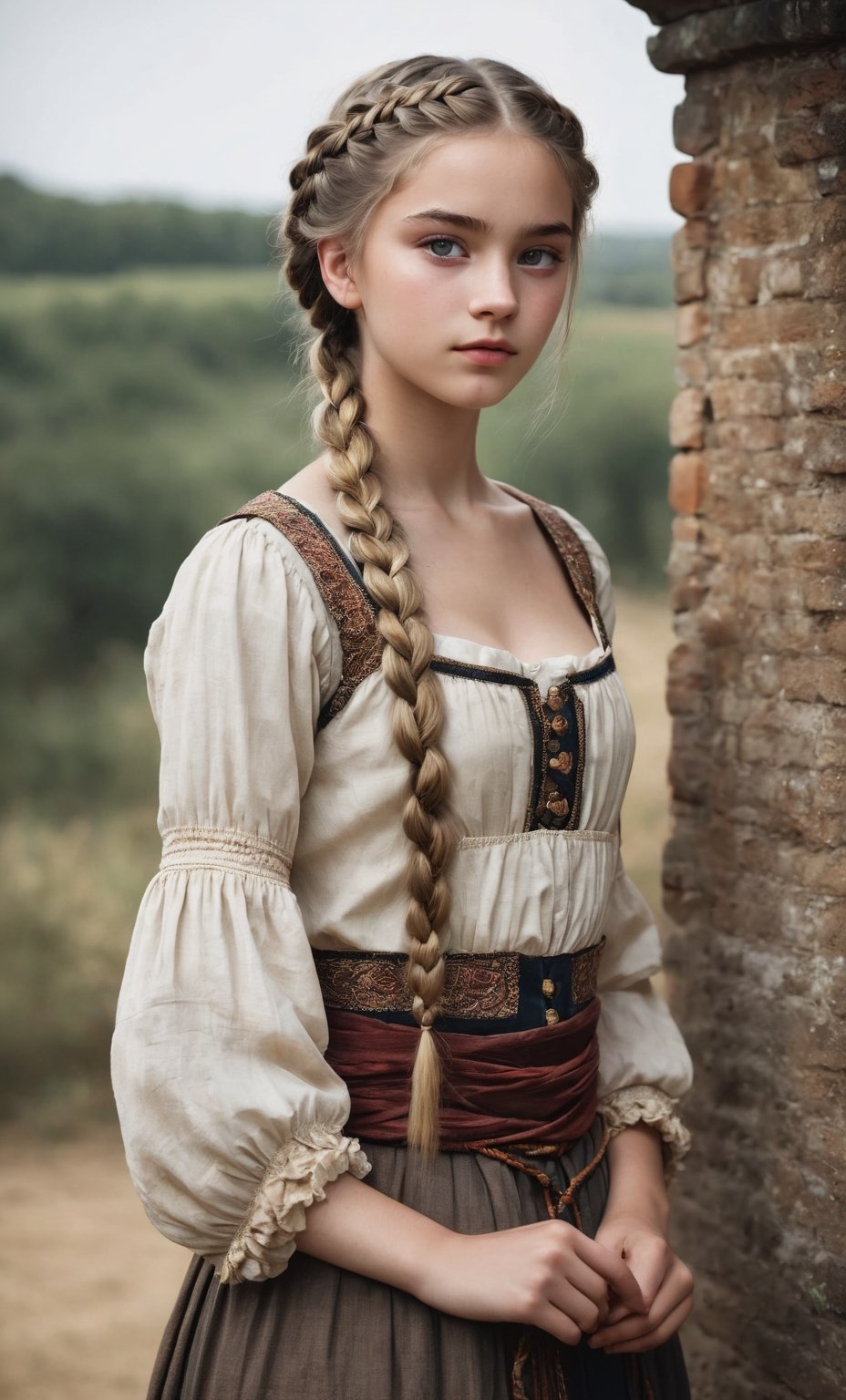  (full_body shot:2.0), 1girl, age 18, (girl wearing 8th century clothing), (european teen), braided hair, slender, dark theme, soothing tones, muted colors, high contrast, (natural skin texture, hyperrealism, soft light, sharp), perfecteyes eyes, hand, perfect, hand, fingers, photo of perfecteyes eyes,