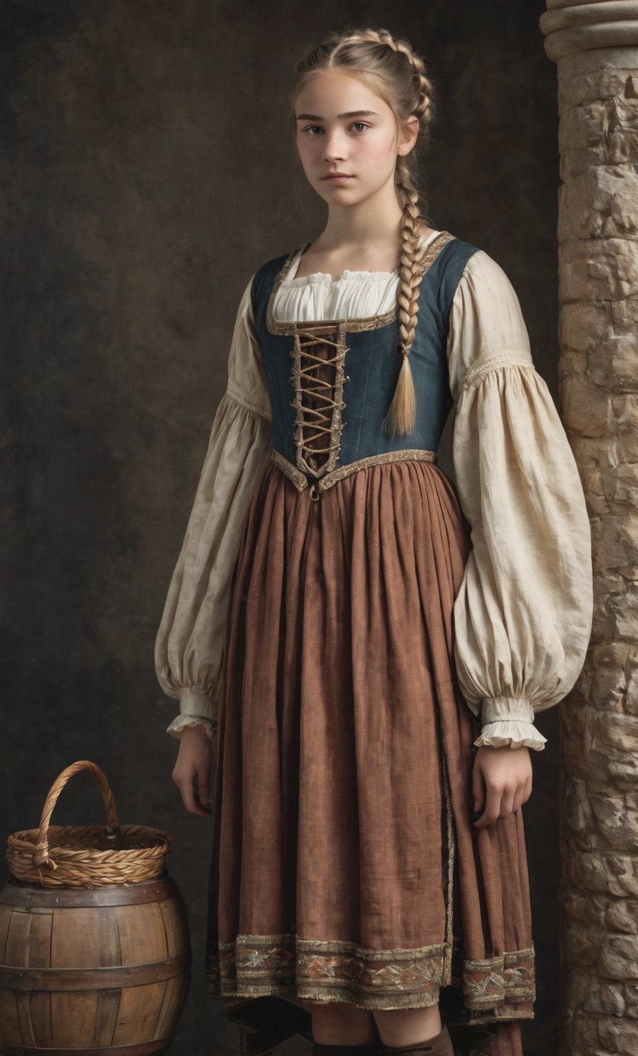  (full_body shot:2.0), (front view), 1girl, age 18, (girl wearin 8th century clothing, standing on a platform), (european teen), braided hair, slender, dark theme, soothing tones, muted colors, high contrast, (natural skin texture, hyperrealism, soft light, sharp), perfecteyes eyes, hand, perfect, hand, fingers, photo of perfecteyes eyes,