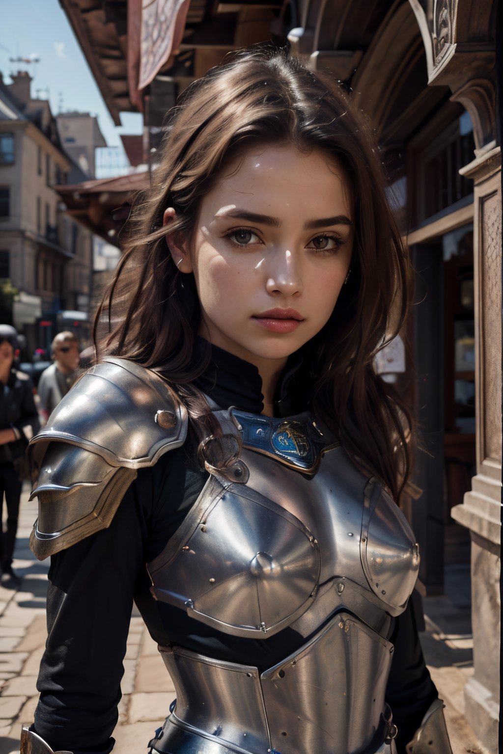 age 20,photo of a beautiful woman, perfect fingers, subsurface scattering, detailed skin texture, textured skin, realistic dull skin noise, visible skin detail, skin fuzz, dry skin, exposed_face, (petite, photorealistic, photorealism:1.3), BREAK wearing full reddish armor, pouldrons, breastplate, buster sword, BREAK (upper_body frame:1.3), dynamic_pose, gdminteriorti luxury modern interior design, main hall, soft bounced lighting, rule_of_thirds, medieval armor,photo of perfecteyes eyes,perfecteyes eyes,Armor,armor