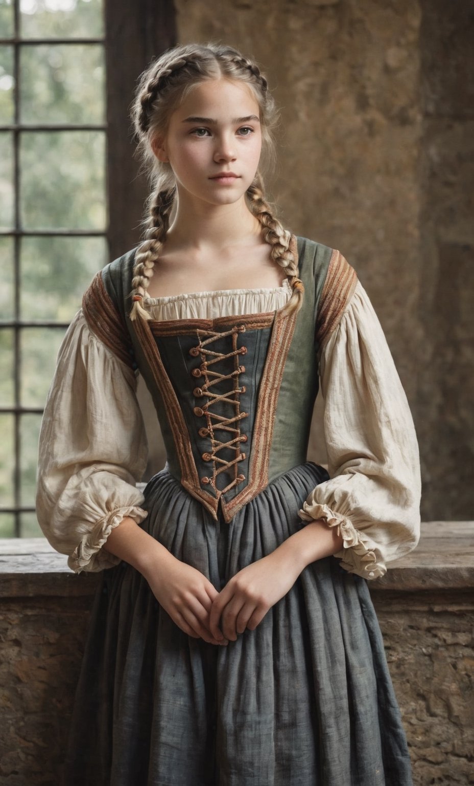  (full_body shot:2.0), (front view), 1girl, age 18, (girl wearin 8th century clothing, standing on a platform), (european teen), braided hair, slender, dark theme, soothing tones, muted colors, high contrast, (natural skin texture, hyperrealism, soft light, sharp), perfecteyes eyes, hand, perfect, hand, fingers, photo of perfecteyes eyes,