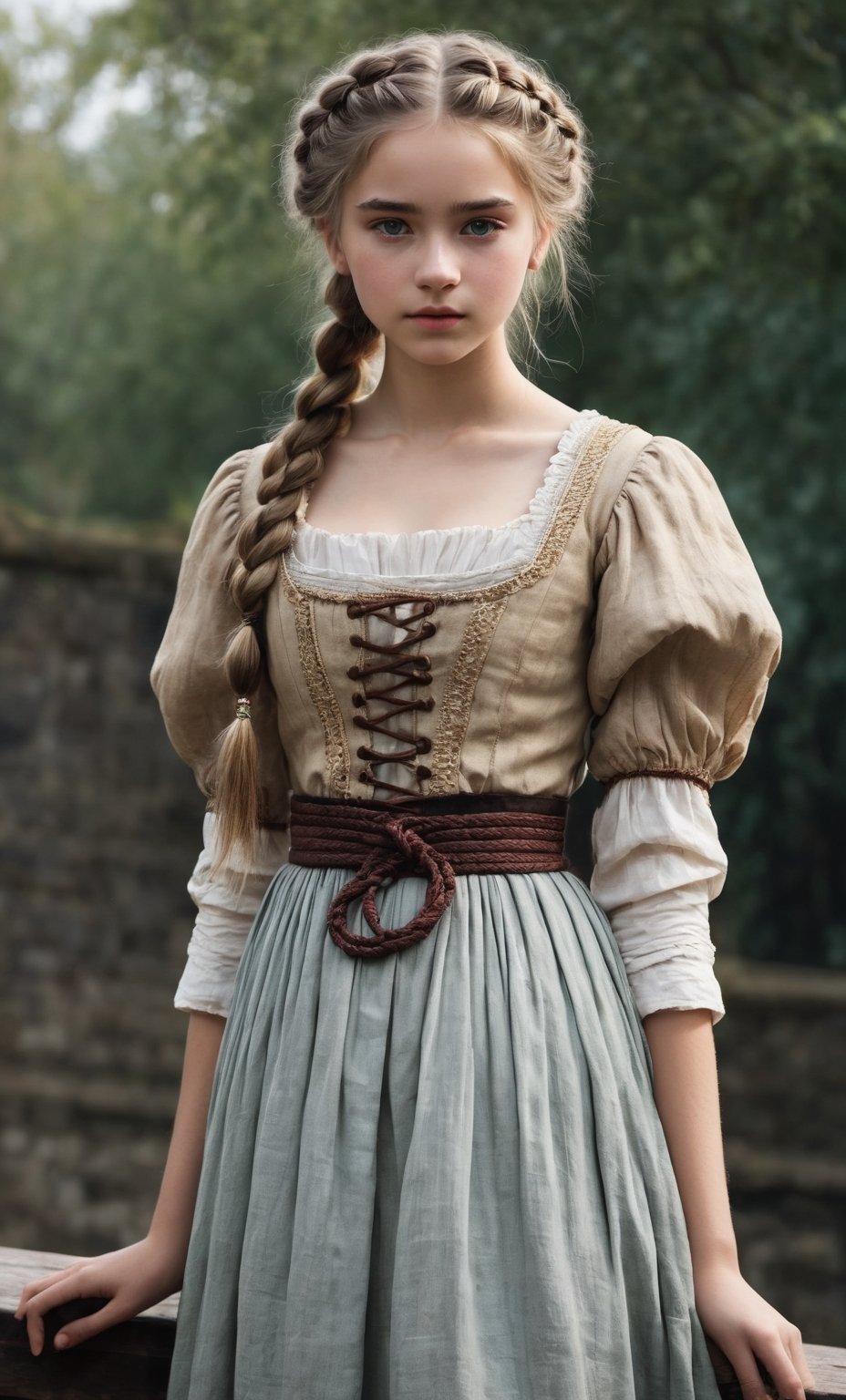  (full_body shot:2.0), 1girl, age 18, (girl wearing 8th century clothing standing on a platform), (european teen), braided hair, slender, dark theme, soothing tones, muted colors, high contrast, (natural skin texture, hyperrealism, soft light, sharp), perfecteyes eyes, hand, perfect, hand, fingers, photo of perfecteyes eyes,