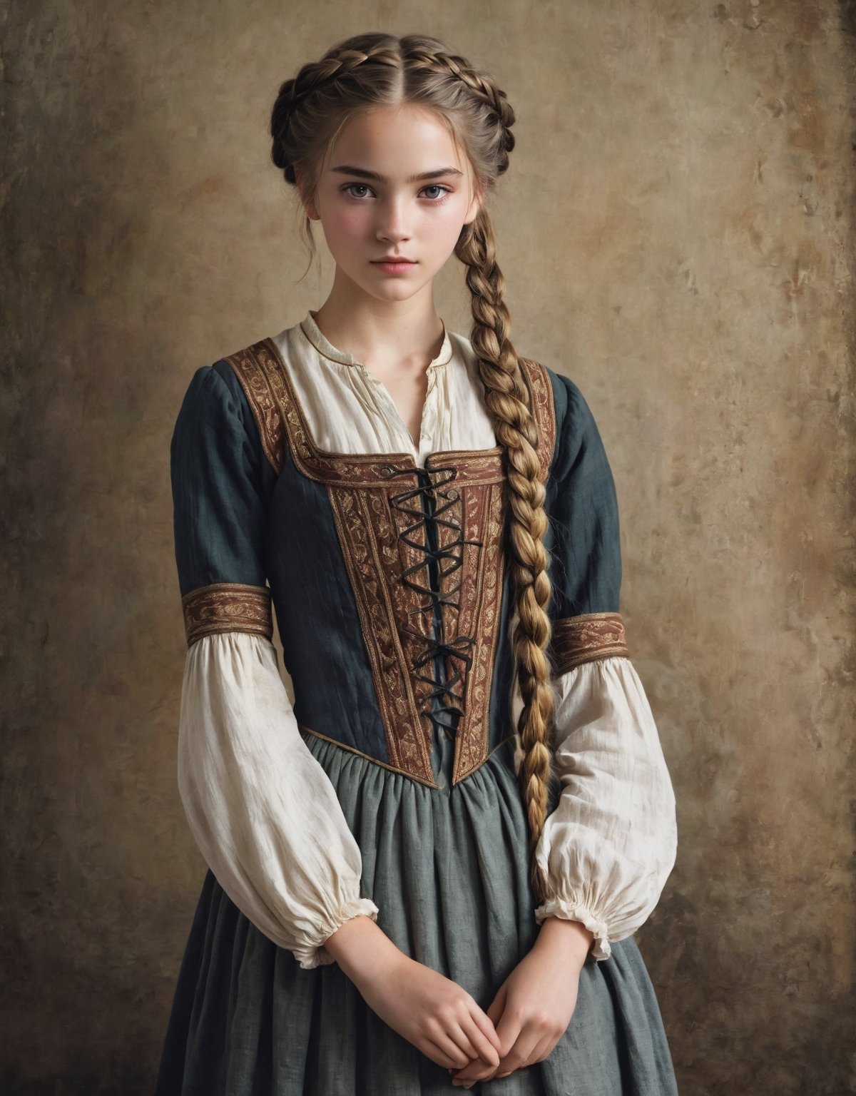  (full_body shot:2.0), 1girl, age 18, (girl wearing 8th century clothing), (european teen), braided hair, slender, dark theme, soothing tones, muted colors, high contrast, (natural skin texture, hyperrealism, soft light, sharp), perfecteyes eyes, hand, perfect, hand, fingers, photo of perfecteyes eyes,