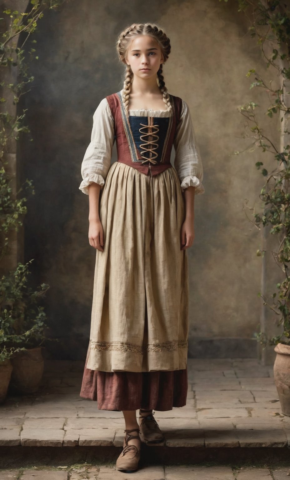  (full_body shot:2.0), (front view), 1girl, age 18, (girl wearin 8th century clothing, standing on a platform), (european teen), braided hair, slender, dark theme, soothing tones, muted colors, high contrast, (natural skin texture, hyperrealism, soft light, sharp), perfecteyes eyes, hand, perfect, hand, fingers, photo of perfecteyes eyes,