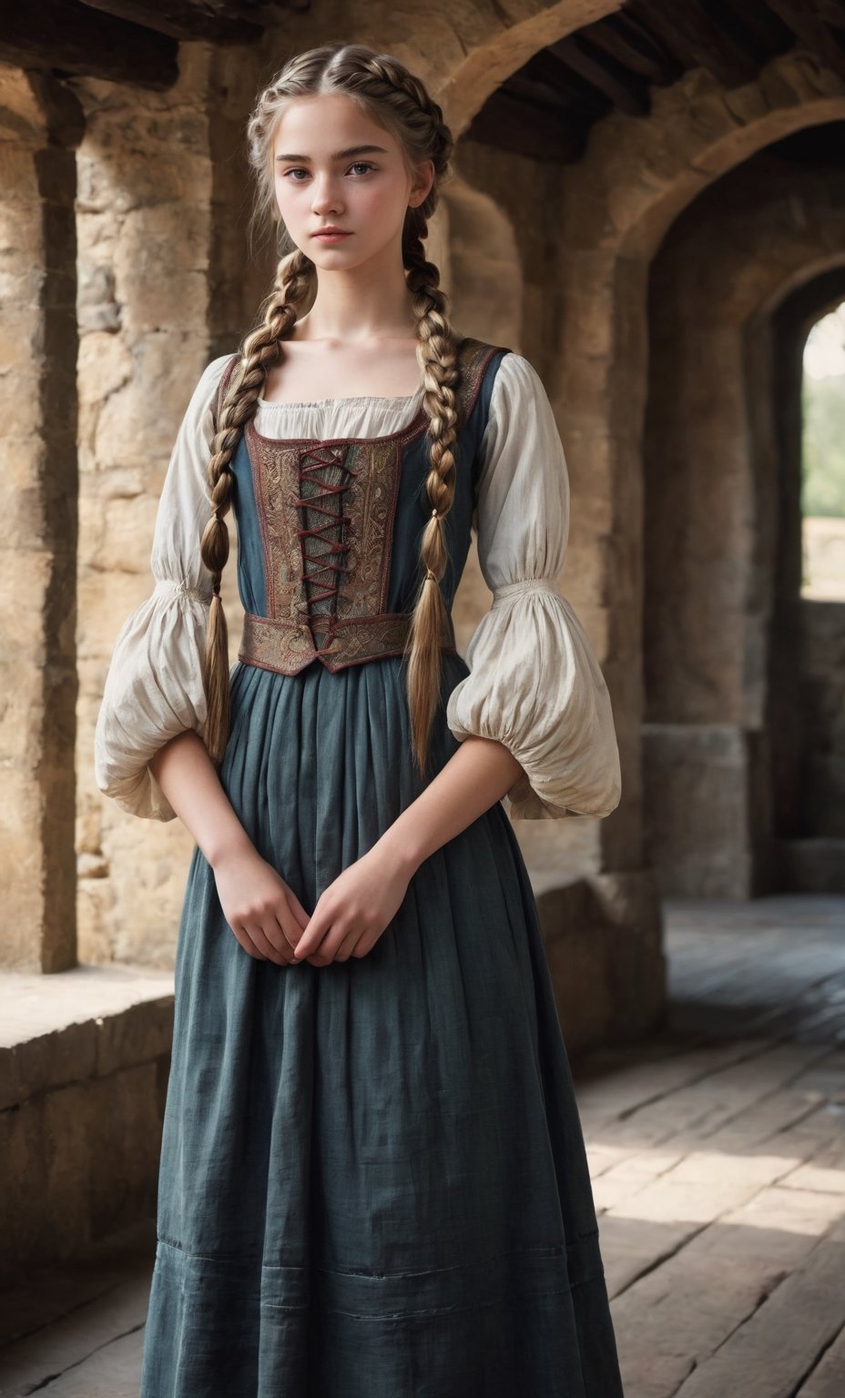  (full_body shot:2.0), 1girl, age 18, (girl wearing 8th century clothing standing on a platform), (european teen), braided hair, slender, dark theme, soothing tones, muted colors, high contrast, (natural skin texture, hyperrealism, soft light, sharp), perfecteyes eyes, hand, perfect, hand, fingers, photo of perfecteyes eyes,