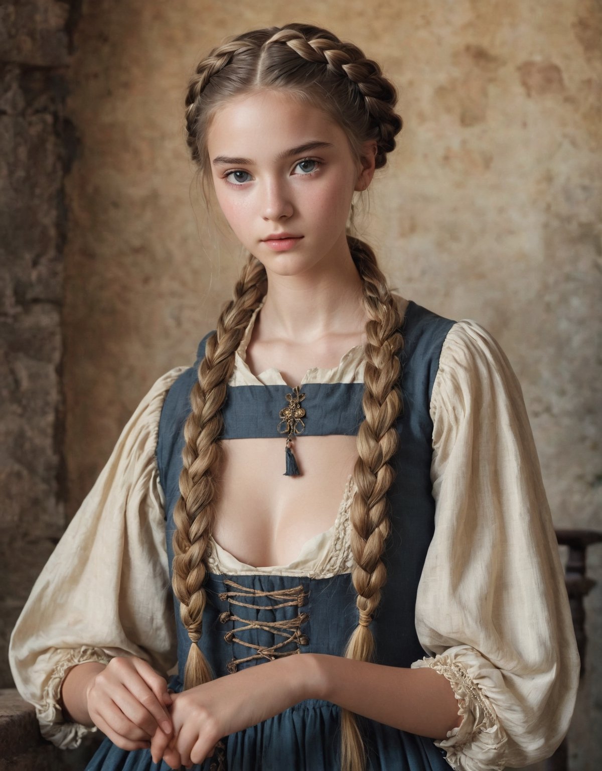  (full_body shot:2.0), 1girl, age 18, (girl wearing 8th century clothing), (european teen), braided hair, slender, dark theme, soothing tones, muted colors, high contrast, (natural skin texture, hyperrealism, soft light, sharp), perfecteyes eyes, hand, perfect, hand, fingers, photo of perfecteyes eyes,