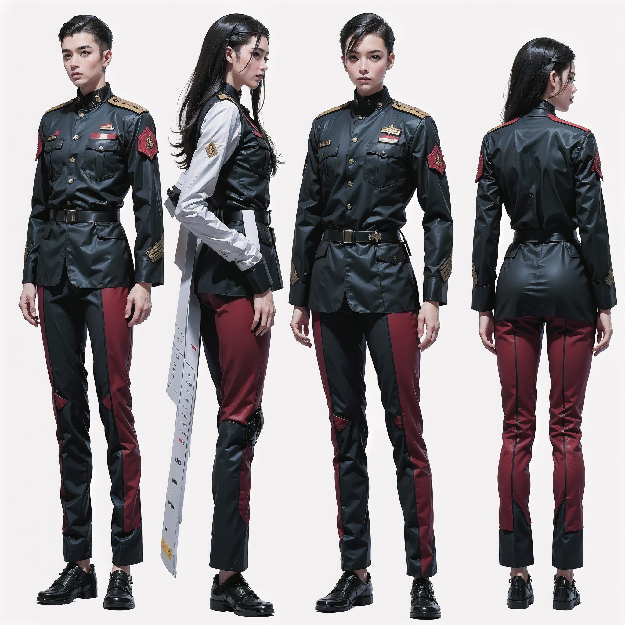 1girl and 1man, (wearing white-red futuristic senior officer military uniform:1.4), (full_body shot:1.3), (side view:1.2), (character sheet:1.4), 
BREAK, european, slender,
BREAK, soothing tones, muted colors, high contrast, natural skin texture, hyperrealism, soft light, sharp,
BREAK, perfect eyes, hand, perfect fingers, Realistic, 
BREAK, white background,