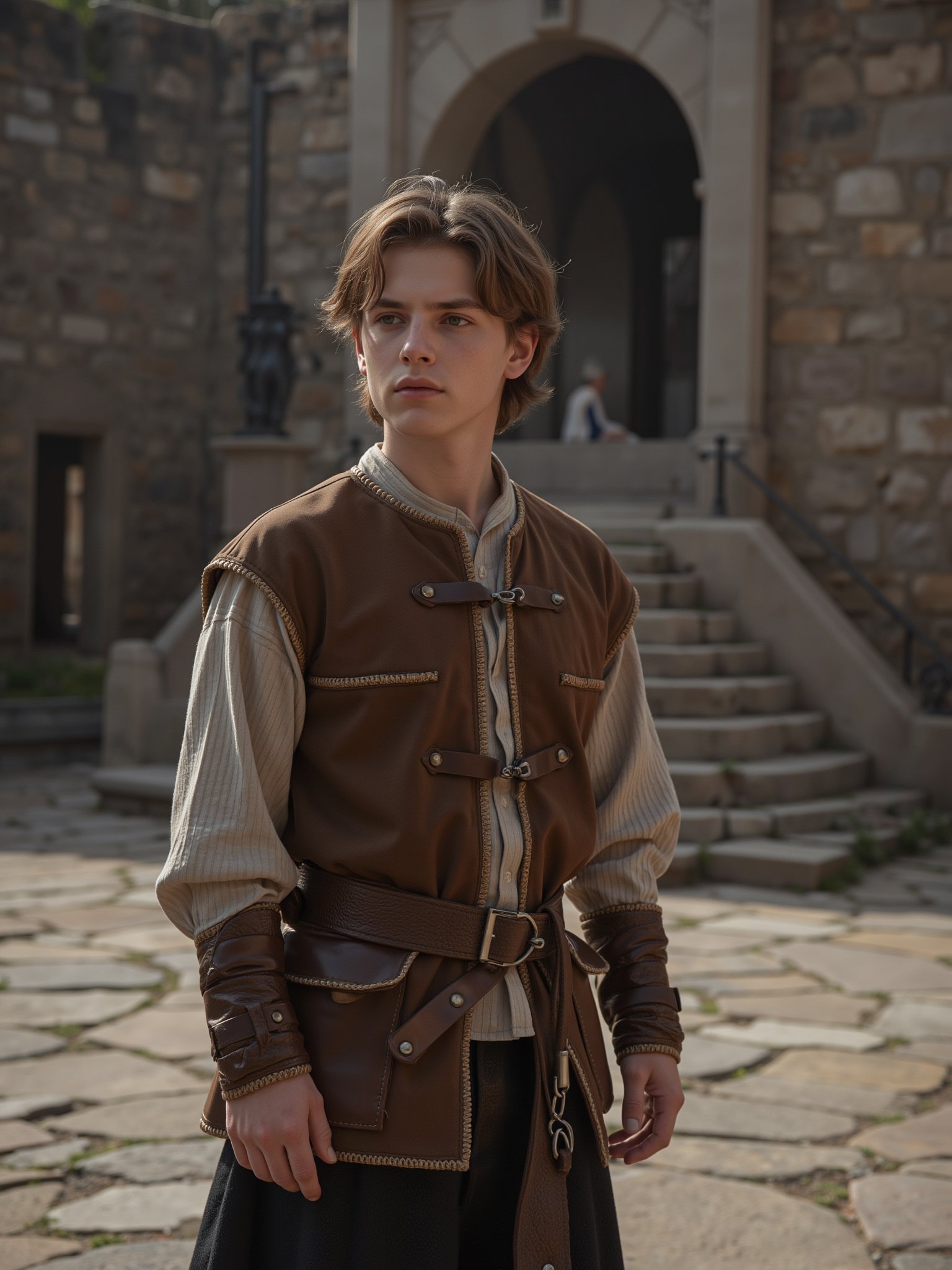 masterpiece, award winning, best quality, high quality, extremely detailed, cinematic shot, 8th century, A young male wearing servant clothing, castle background, realistic