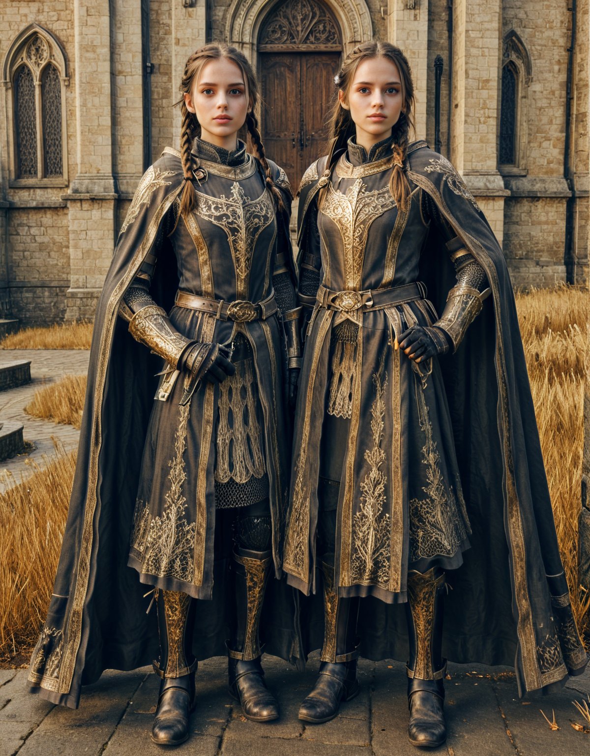 Highly detailed 8k digital photograph, full_body shot, front view, her front to the camera of 1girl, 24 year old, long brown braided hair girl, wearing knights armor, castle in background.  Unreal Engine 5, extremely high quality RAW photograph, detailed background, intricate, Exquisite details and textures, highly detailed, ultra detailed photograph, warm lighting, 4k, sharp focus, high resolution, detailed skin, detailed eyes, 8k uhd, dslr, high quality, film grain,Extremely Realistic,full armor,cape