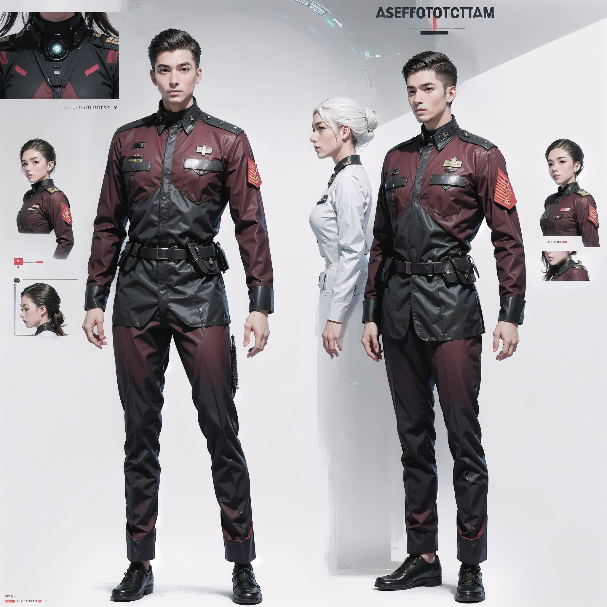 1girl and 1man, (wearing white-red futuristic senior officer military uniform:1.4), (full_body shot:1.3), (side view:1.2), (character sheet:1.4), 
BREAK, european, slender,
BREAK, soothing tones, muted colors, high contrast, natural skin texture, hyperrealism, soft light, sharp,
BREAK, perfect eyes, hand, perfect fingers, Realistic, 
BREAK, white background,