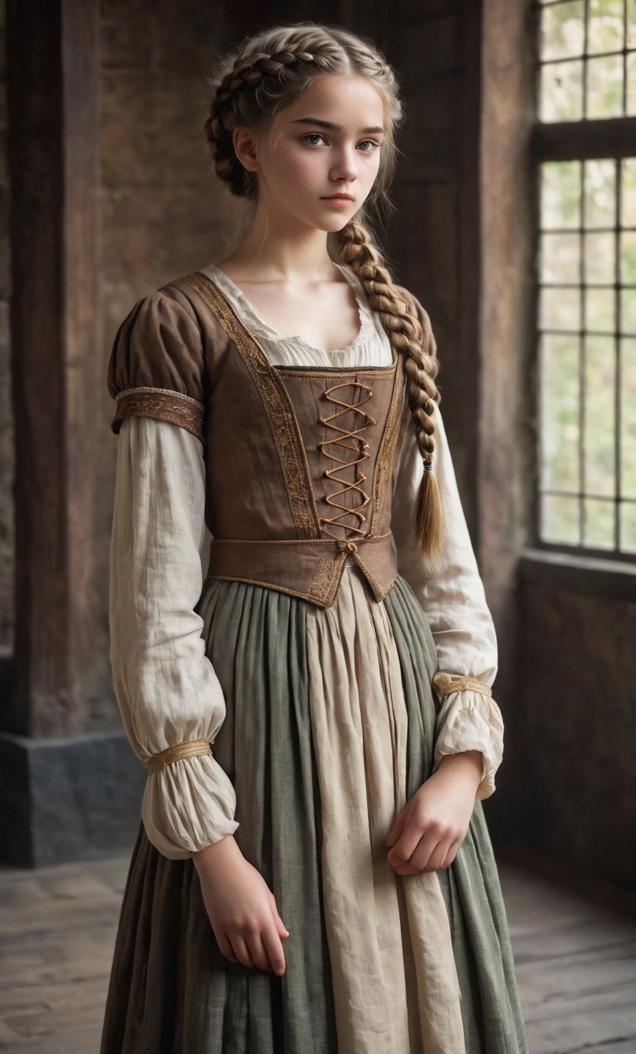  (full_body shot:2.0), 1girl, age 18, (girl wearing 8th century clothing standing on a platform), (european teen), braided hair, slender, dark theme, soothing tones, muted colors, high contrast, (natural skin texture, hyperrealism, soft light, sharp), perfecteyes eyes, hand, perfect, hand, fingers, photo of perfecteyes eyes,