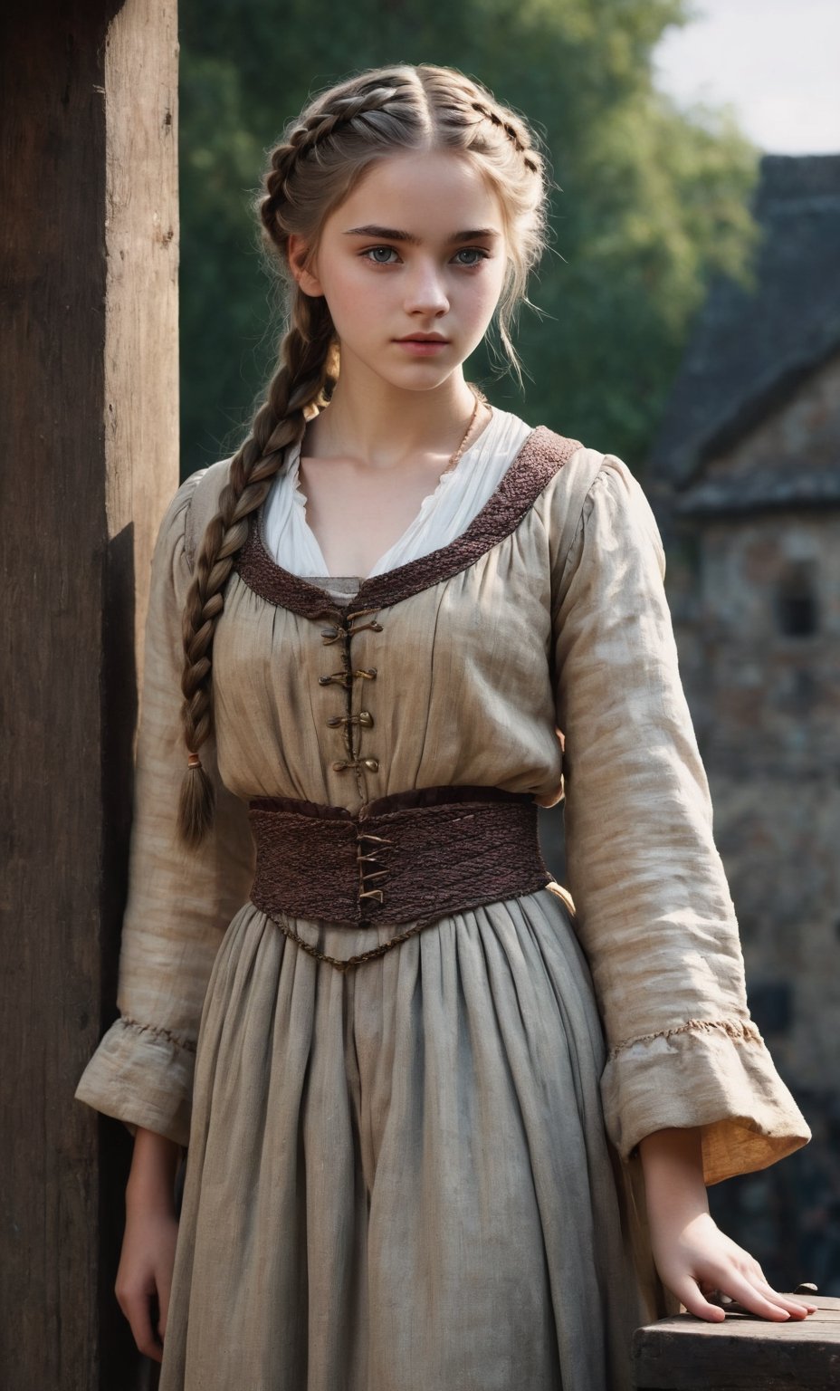  (full_body shot:2.0), 1girl, age 18, (girl wearing 8th century clothing standing on a platform), (european teen), braided hair, slender, dark theme, soothing tones, muted colors, high contrast, (natural skin texture, hyperrealism, soft light, sharp), perfecteyes eyes, hand, perfect, hand, fingers, photo of perfecteyes eyes,