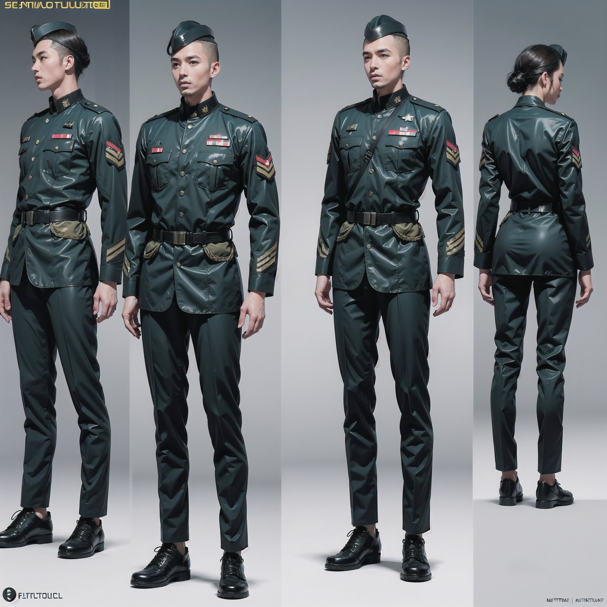 1girl and 1man, (wearing futuristic senior officer military uniform:1.4), (full_body shot:1.3), (side view:1.2), (character sheet:1.4), 
BREAK, european, slender,
BREAK, soothing tones, muted colors, high contrast, natural skin texture, hyperrealism, soft light, sharp,
BREAK, perfect eyes, hand, perfect fingers, Realistic, 
BREAK, white background,