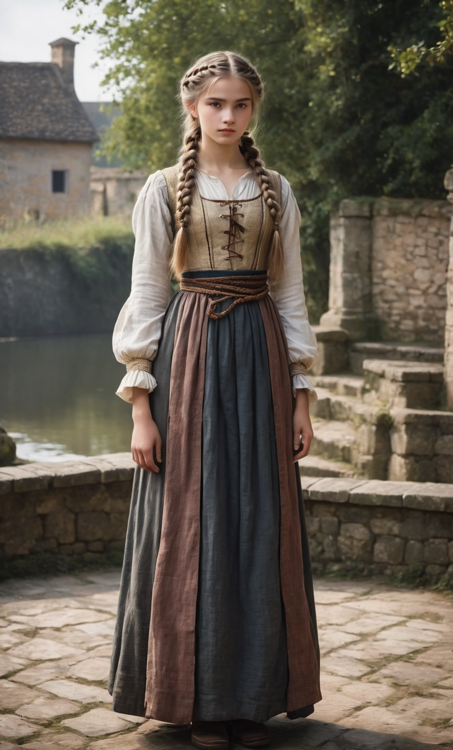  (full_body shot:2.0), 1girl, age 18, (girl wearing 8th century clothing standing on a platform), (european teen), braided hair, slender, dark theme, soothing tones, muted colors, high contrast, (natural skin texture, hyperrealism, soft light, sharp), perfecteyes eyes, hand, perfect, hand, fingers, photo of perfecteyes eyes,