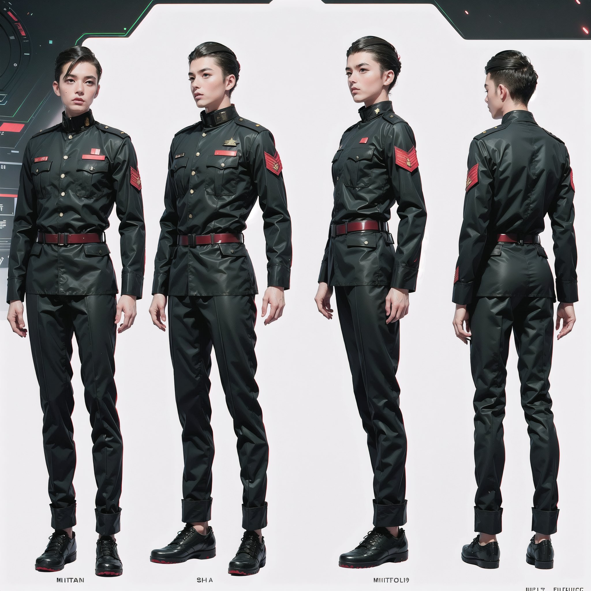 1girl and 1man, (wearing white-red futuristic senior officer military uniform:1.4), (full_body shot:1.3), (side view:1.2), (character sheet:1.4), 
BREAK, european, slender,
BREAK, soothing tones, muted colors, high contrast, natural skin texture, hyperrealism, soft light, sharp,
BREAK, perfect eyes, hand, perfect fingers, Realistic, 
BREAK, white background,