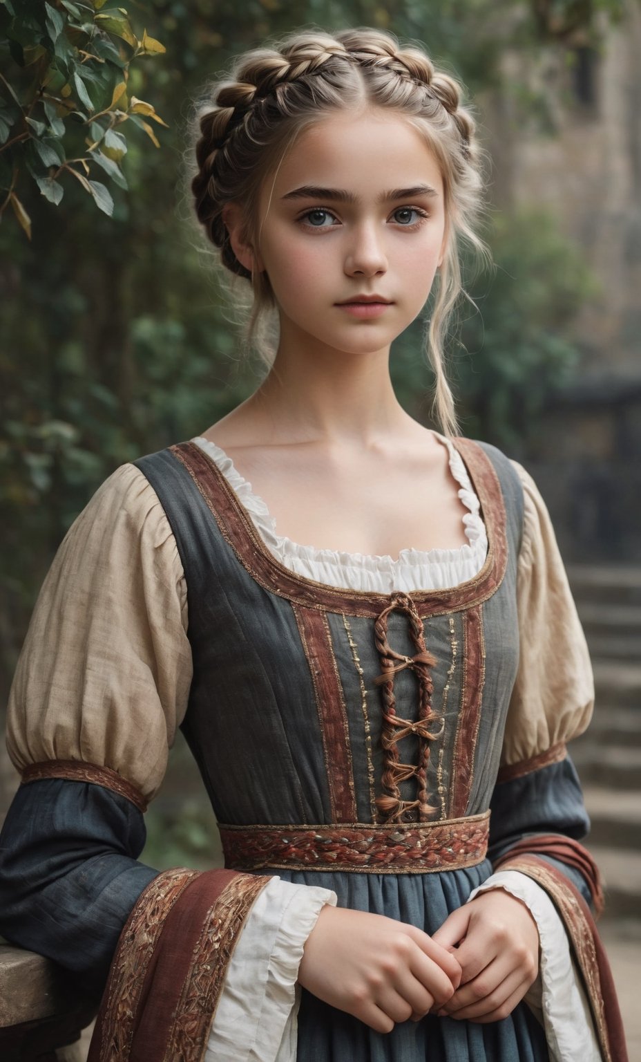  (full_body shot:2.0), (front view), 1girl, age 18, (girl wearing 8th century clothing standing on a platform), (european teen), braided hair, slender, dark theme, soothing tones, muted colors, high contrast, (natural skin texture, hyperrealism, soft light, sharp), perfecteyes eyes, hand, perfect, hand, fingers, photo of perfecteyes eyes,