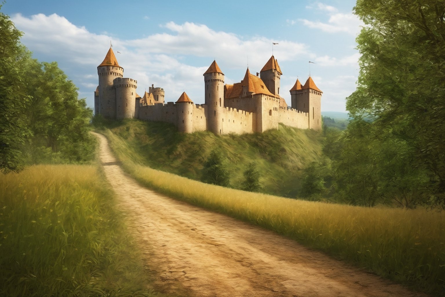 Medieval Castle, dirt road leading to castle, ground view, distance view, photo realistic