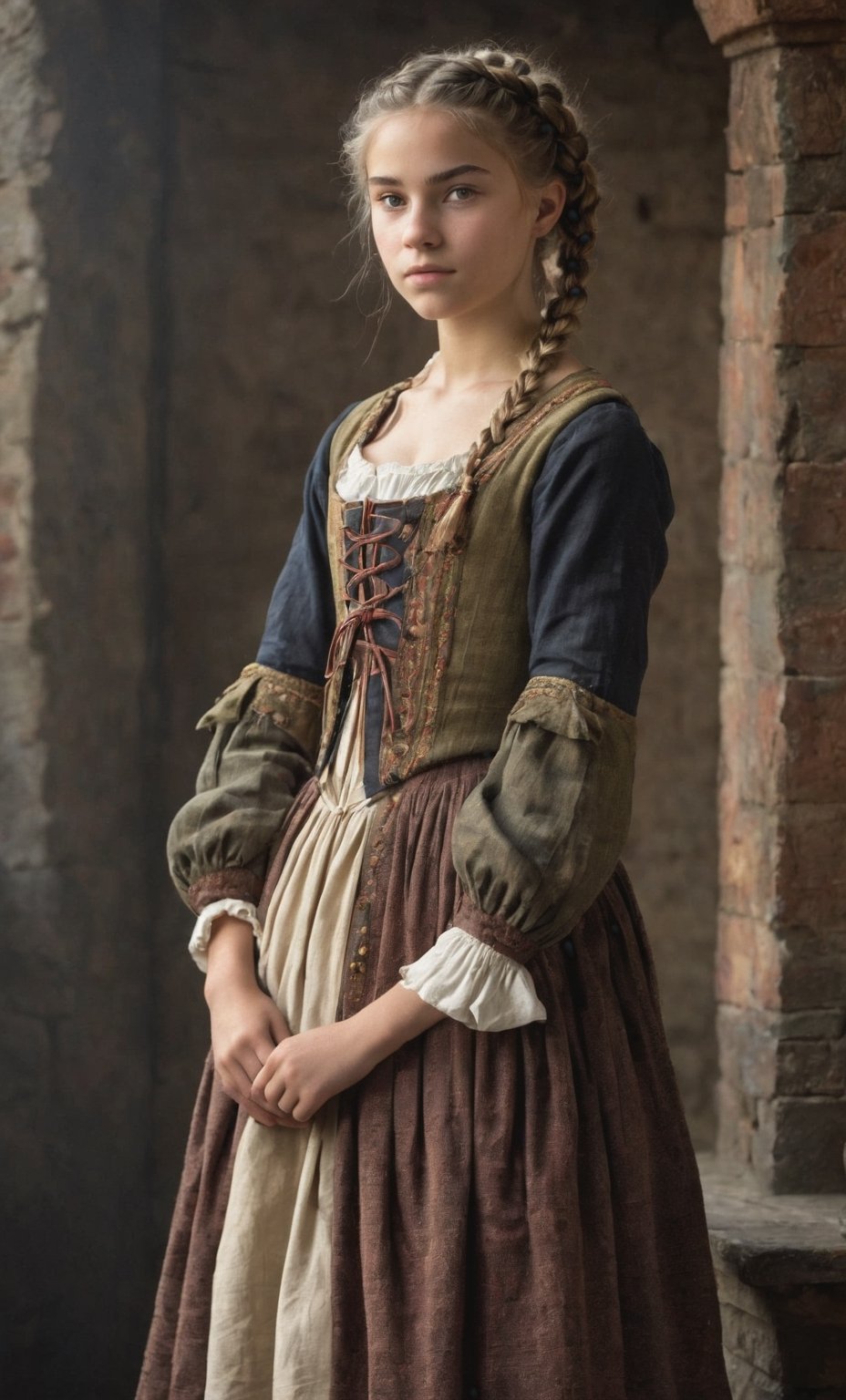  (full_body shot:2.0), (front view), 1girl, age 18, (girl wearin 8th century clothing, standing on a platform), (european teen), braided hair, slender, dark theme, soothing tones, muted colors, high contrast, (natural skin texture, hyperrealism, soft light, sharp), perfecteyes eyes, hand, perfect, hand, fingers, photo of perfecteyes eyes,