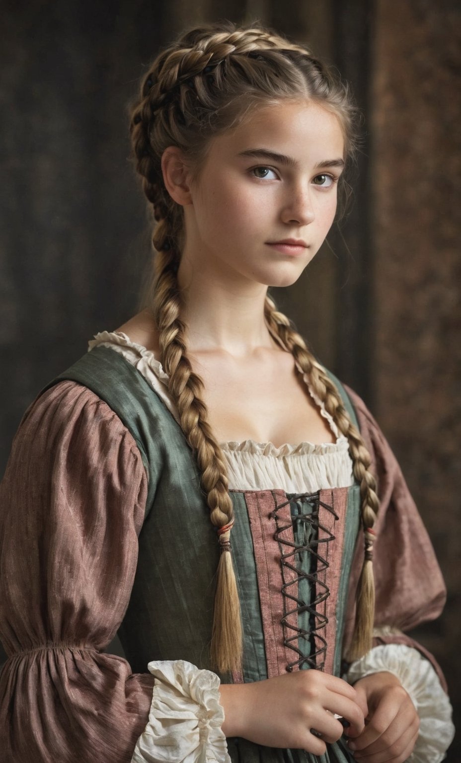  (full_body shot:2.0), (front view), 1girl, age 18, (girl wearin 8th century clothing, standing on a platform), (european teen), braided hair, slender, dark theme, soothing tones, muted colors, high contrast, (natural skin texture, hyperrealism, soft light, sharp), perfecteyes eyes, hand, perfect, hand, fingers, photo of perfecteyes eyes,