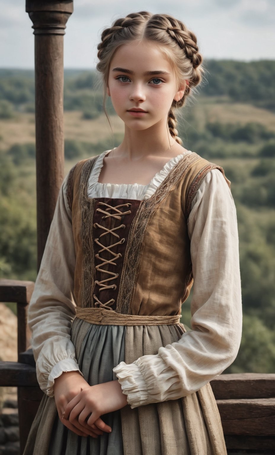  (full_body shot:2.0), (front view), 1girl, age 18, (girl wearing 8th century clothing standing on a platform), (european teen), braided hair, slender, dark theme, soothing tones, muted colors, high contrast, (natural skin texture, hyperrealism, soft light, sharp), perfecteyes eyes, hand, perfect, hand, fingers, photo of perfecteyes eyes,