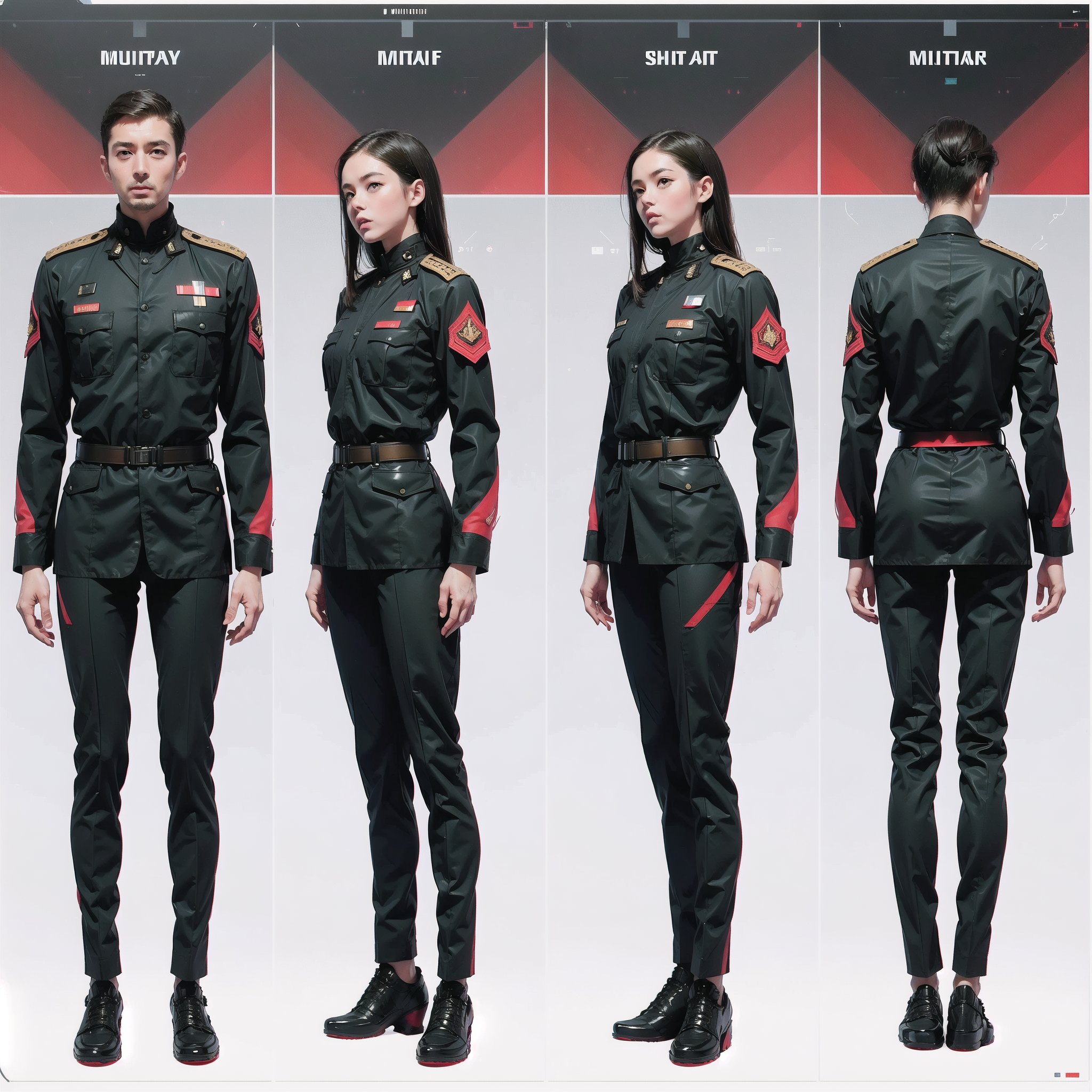 1girl and 1man, (wearing white-red futuristic senior officer military uniform:1.4), (full_body shot:1.3), (side view:1.2), (character sheet:1.4), 
BREAK, european, slender,
BREAK, soothing tones, muted colors, high contrast, natural skin texture, hyperrealism, soft light, sharp,
BREAK, perfect eyes, hand, perfect fingers, Realistic, 
BREAK, white background,