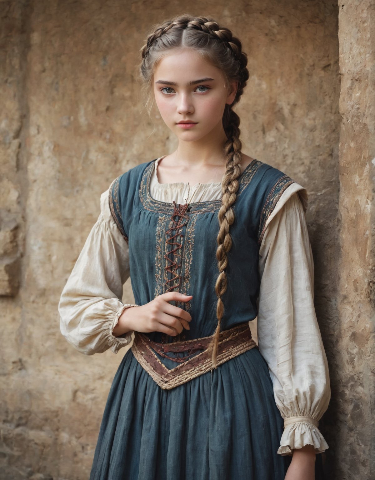  (full_body shot:2.0), 1girl, age 18, (girl wearing 8th century clothing), (european teen), braided hair, slender, dark theme, soothing tones, muted colors, high contrast, (natural skin texture, hyperrealism, soft light, sharp), perfecteyes eyes, hand, perfect, hand, fingers, photo of perfecteyes eyes,