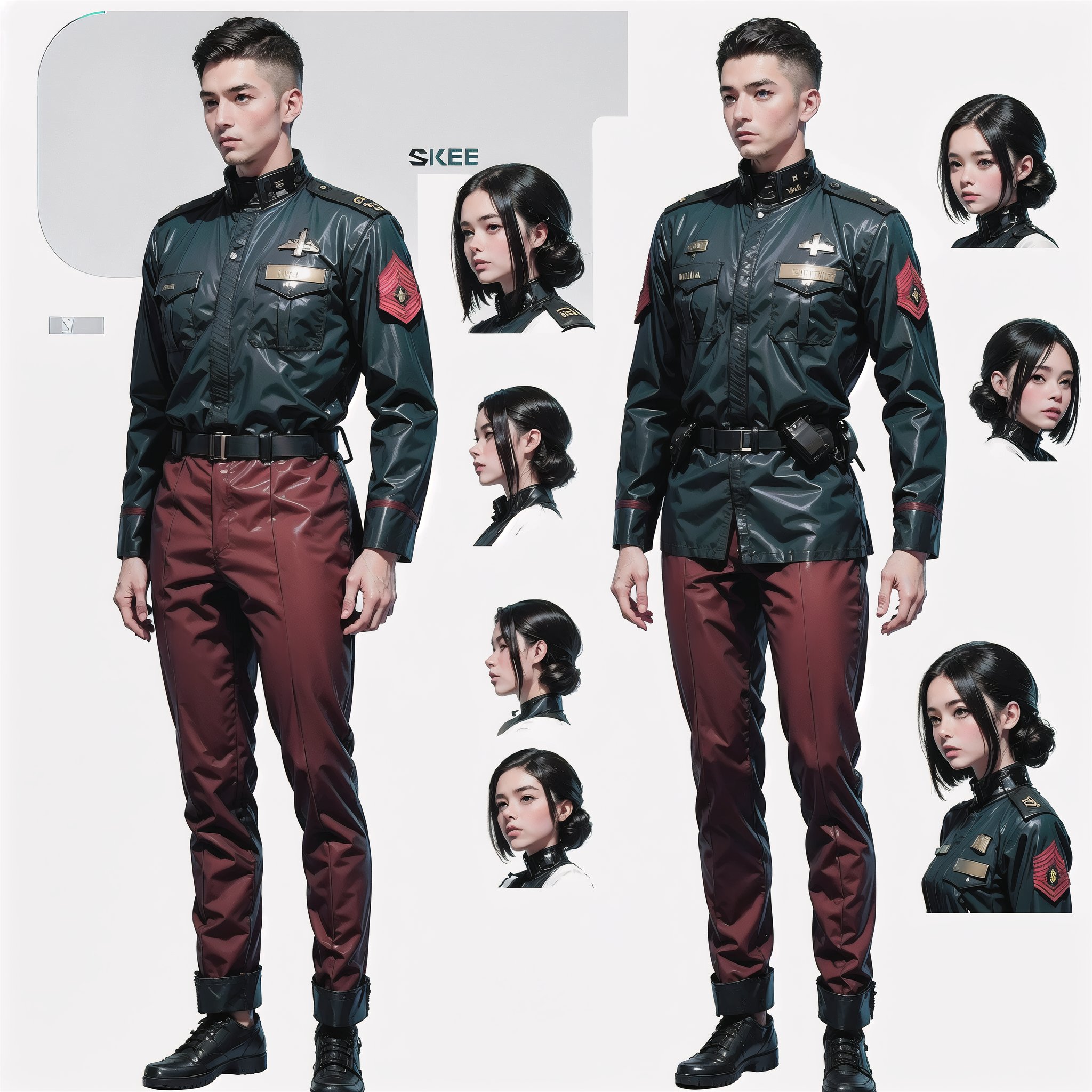 1girl and 1man, (wearing white-red futuristic senior officer military uniform:1.4), (full_body shot:1.3), (side view:1.2), (character sheet:1.4), 
BREAK, european, slender,
BREAK, soothing tones, muted colors, high contrast, natural skin texture, hyperrealism, soft light, sharp,
BREAK, perfect eyes, hand, perfect fingers, Realistic, 
BREAK, white background,