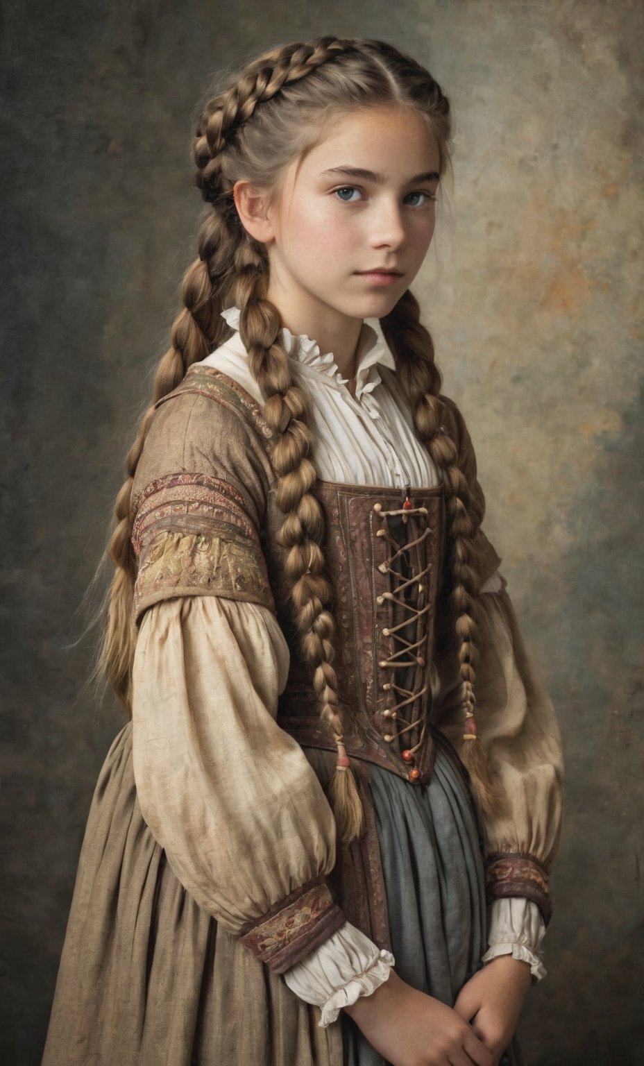  (full_body shot:2.0), (front view), 1girl, age 18, (girl wearin 8th century clothing, standing on a platform), (european teen), braided hair, slender, dark theme, soothing tones, muted colors, high contrast, (natural skin texture, hyperrealism, soft light, sharp), perfecteyes eyes, hand, perfect, hand, fingers, photo of perfecteyes eyes,