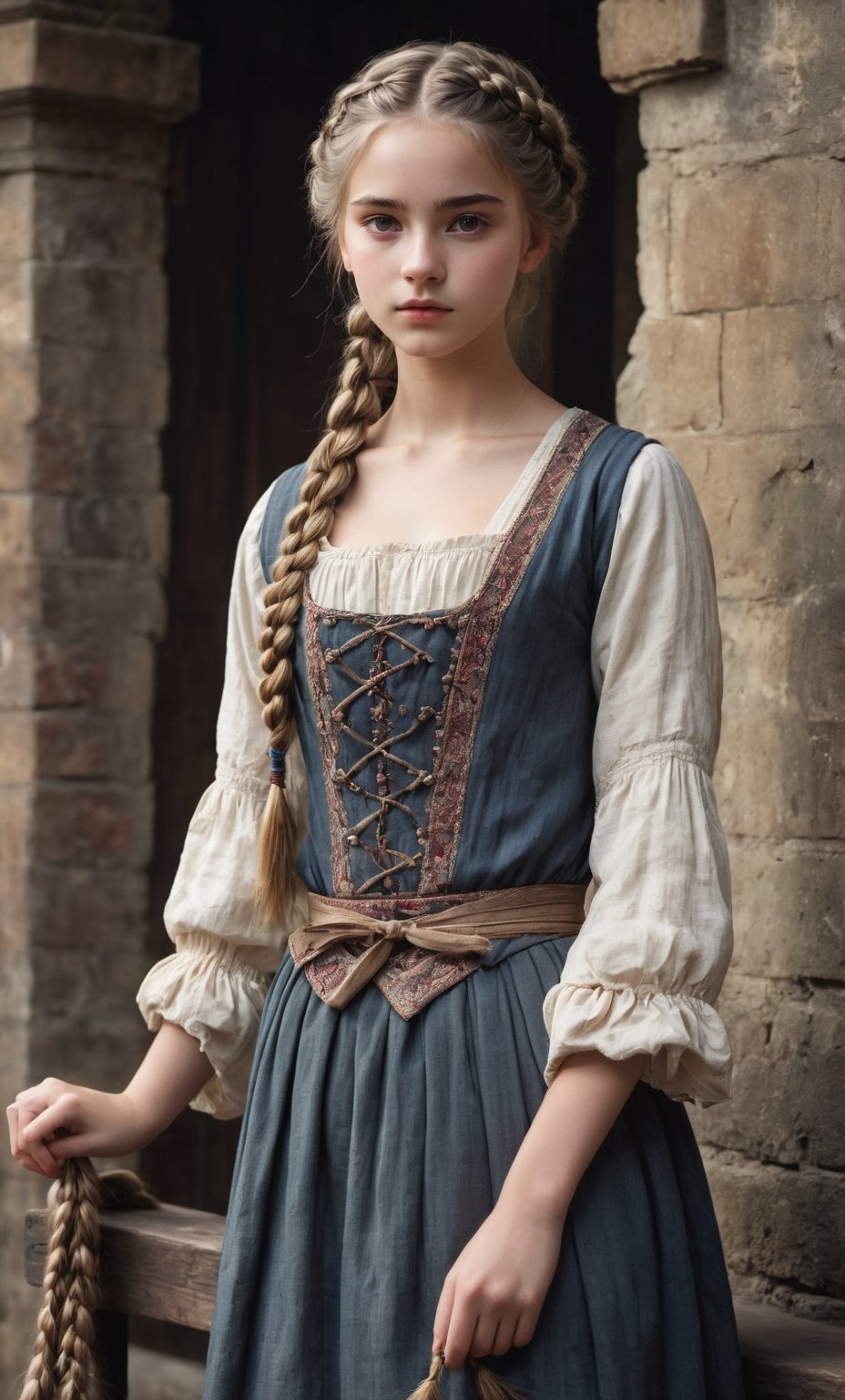  (full_body shot:2.0), 1girl, age 18, (girl wearing 8th century clothing standing on a platform), (european teen), braided hair, slender, dark theme, soothing tones, muted colors, high contrast, (natural skin texture, hyperrealism, soft light, sharp), perfecteyes eyes, hand, perfect, hand, fingers, photo of perfecteyes eyes,