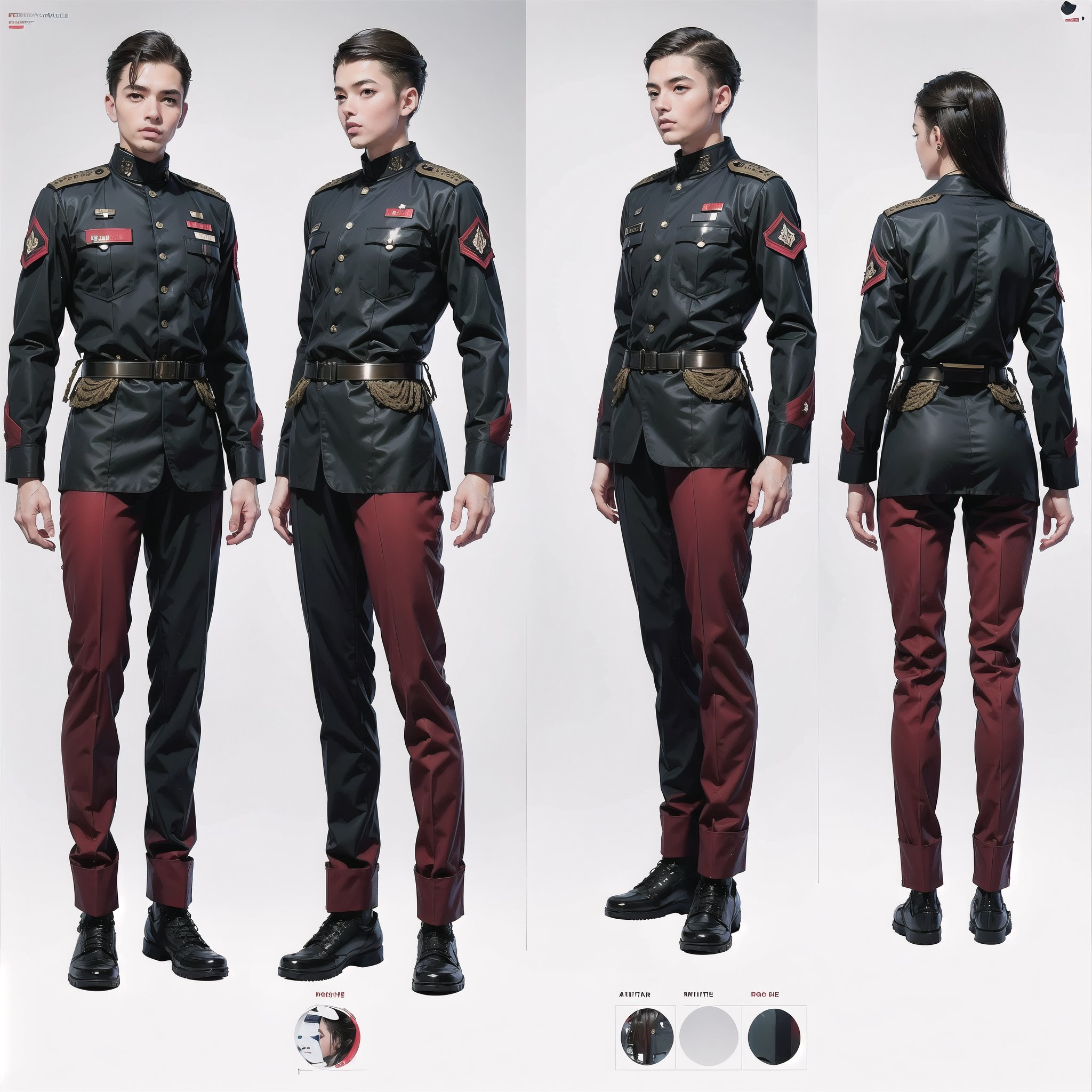 1girl and 1man, (wearing white-red futuristic senior officer military uniform:1.4), (full_body shot:1.3), (side view:1.2), (character sheet:1.4), 
BREAK, european, slender,
BREAK, soothing tones, muted colors, high contrast, natural skin texture, hyperrealism, soft light, sharp,
BREAK, perfect eyes, hand, perfect fingers, Realistic, 
BREAK, white background,