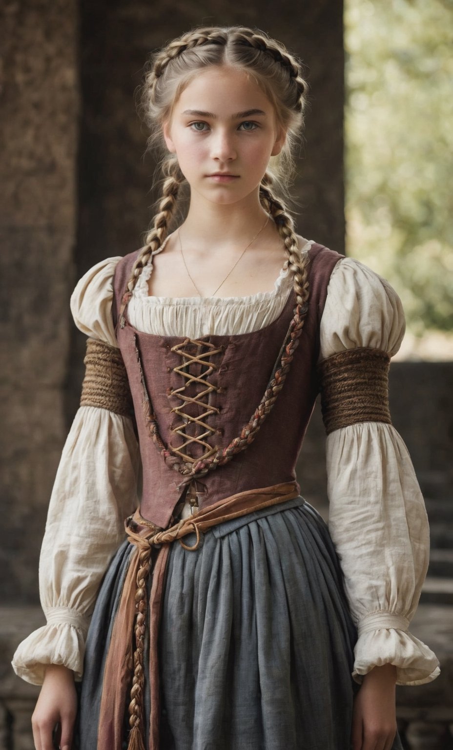  (full_body shot:2.0), (front view), 1girl, age 18, (girl wearin 8th century clothing, standing on a platform), (european teen), braided hair, slender, dark theme, soothing tones, muted colors, high contrast, (natural skin texture, hyperrealism, soft light, sharp), perfecteyes eyes, hand, perfect, hand, fingers, photo of perfecteyes eyes,