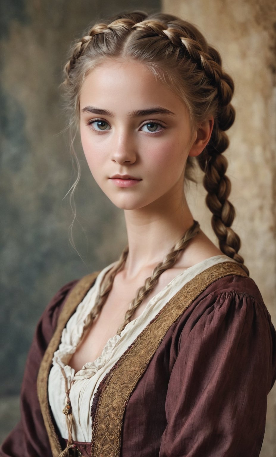  (full_body shot:2.0), 1girl, age 18, (girl wearing 8th century clothing), (european teen), braided hair, slender, dark theme, soothing tones, muted colors, high contrast, (natural skin texture, hyperrealism, soft light, sharp), perfecteyes eyes, hand, perfect, hand, fingers, photo of perfecteyes eyes,