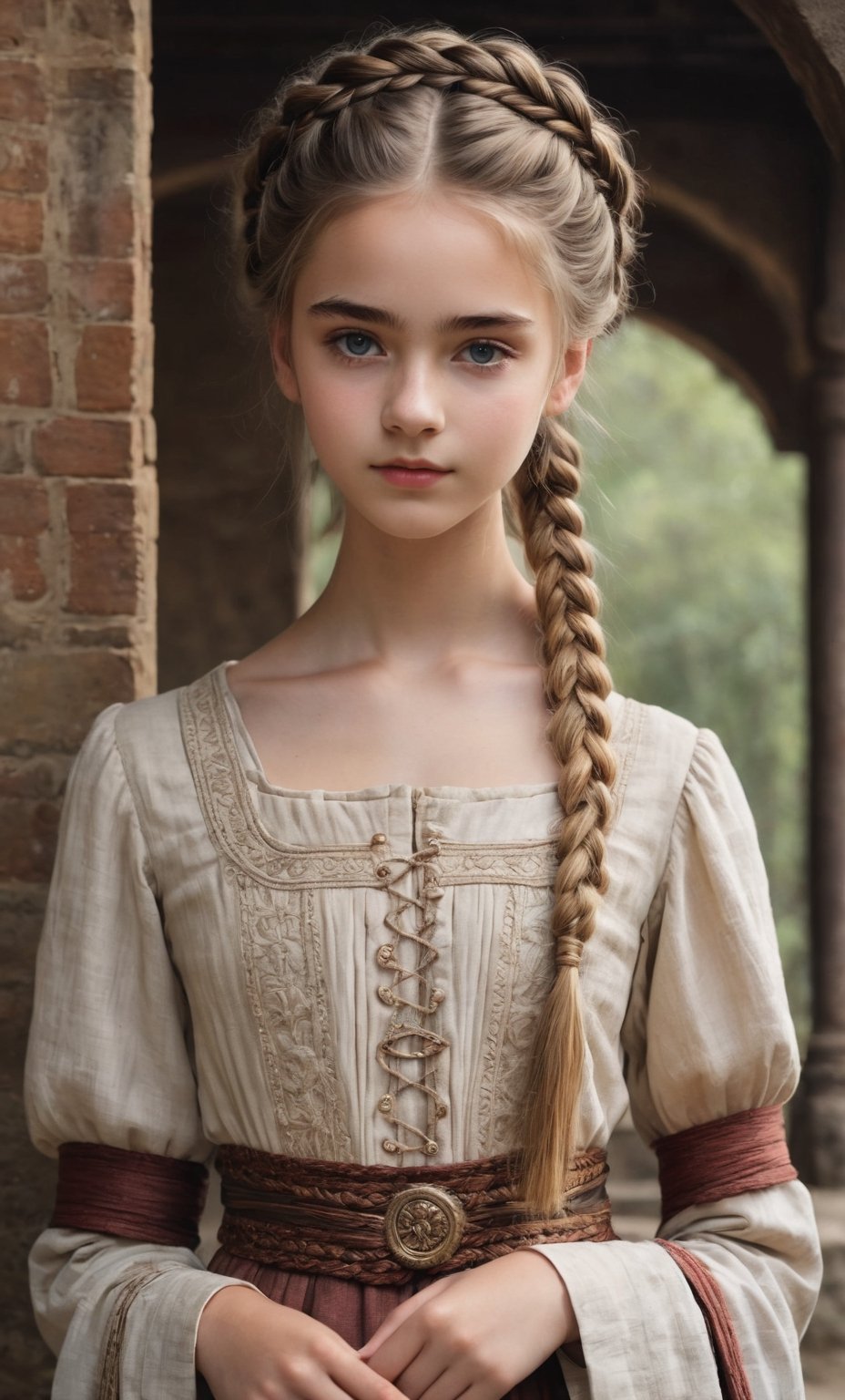  (full_body shot:2.0), (front view), 1girl, age 18, (girl wearing 8th century clothing standing on a platform), (european teen), braided hair, slender, dark theme, soothing tones, muted colors, high contrast, (natural skin texture, hyperrealism, soft light, sharp), perfecteyes eyes, hand, perfect, hand, fingers, photo of perfecteyes eyes,