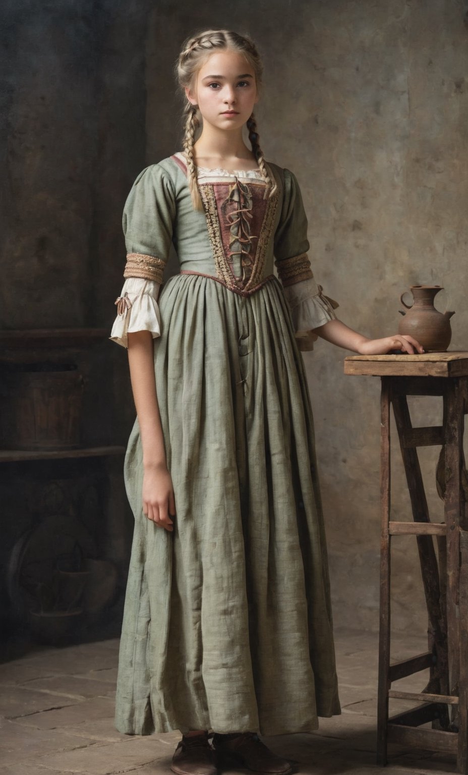  (full_body shot:2.0), (front view), 1girl, age 18, (girl wearin 8th century clothing, standing on a platform), (european teen), braided hair, slender, dark theme, soothing tones, muted colors, high contrast, (natural skin texture, hyperrealism, soft light, sharp), perfecteyes eyes, hand, perfect, hand, fingers, photo of perfecteyes eyes,