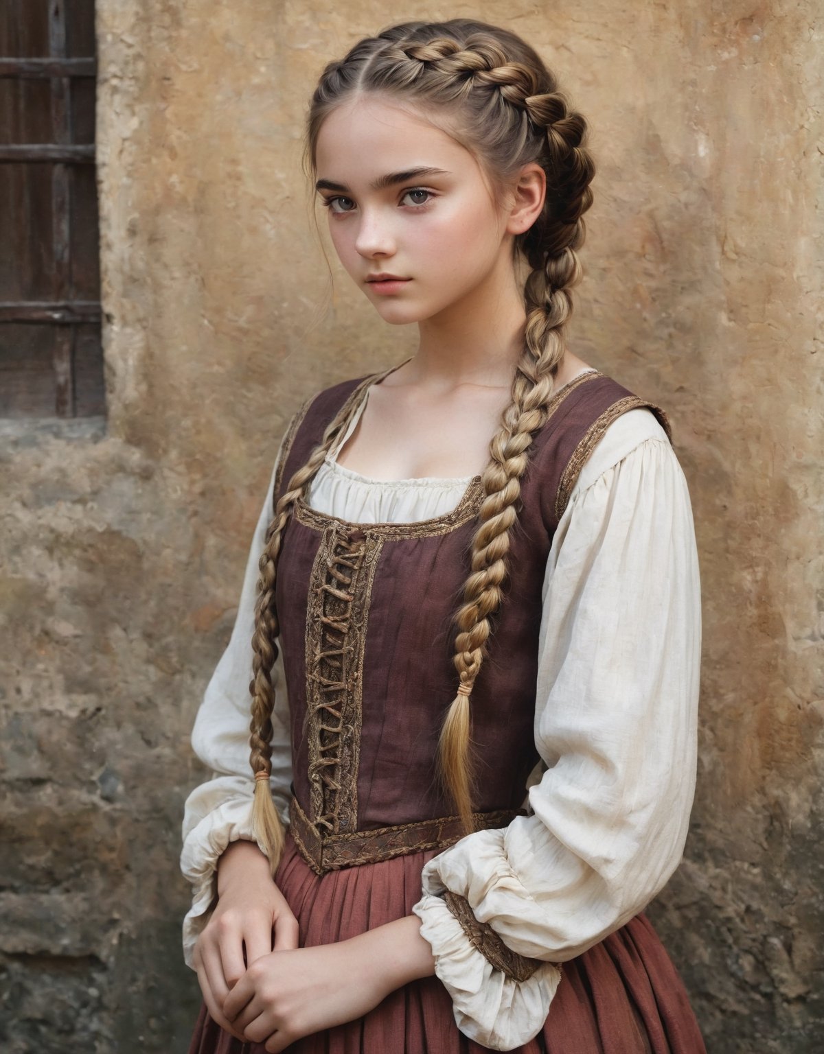  (full_body shot:2.0), 1girl, age 18, (girl wearing 8th century clothing), (european teen), braided hair, slender, dark theme, soothing tones, muted colors, high contrast, (natural skin texture, hyperrealism, soft light, sharp), perfecteyes eyes, hand, perfect, hand, fingers, photo of perfecteyes eyes,