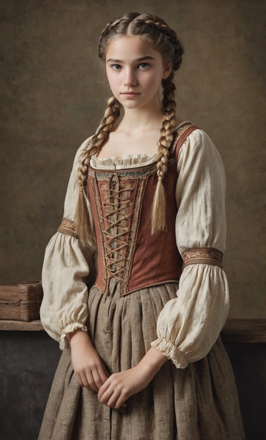  (full_body shot:2.0), (front view), 1girl, age 18, (girl wearin 8th century clothing, standing on a platform), (european teen), braided hair, slender, dark theme, soothing tones, muted colors, high contrast, (natural skin texture, hyperrealism, soft light, sharp), perfecteyes eyes, hand, perfect, hand, fingers, photo of perfecteyes eyes,