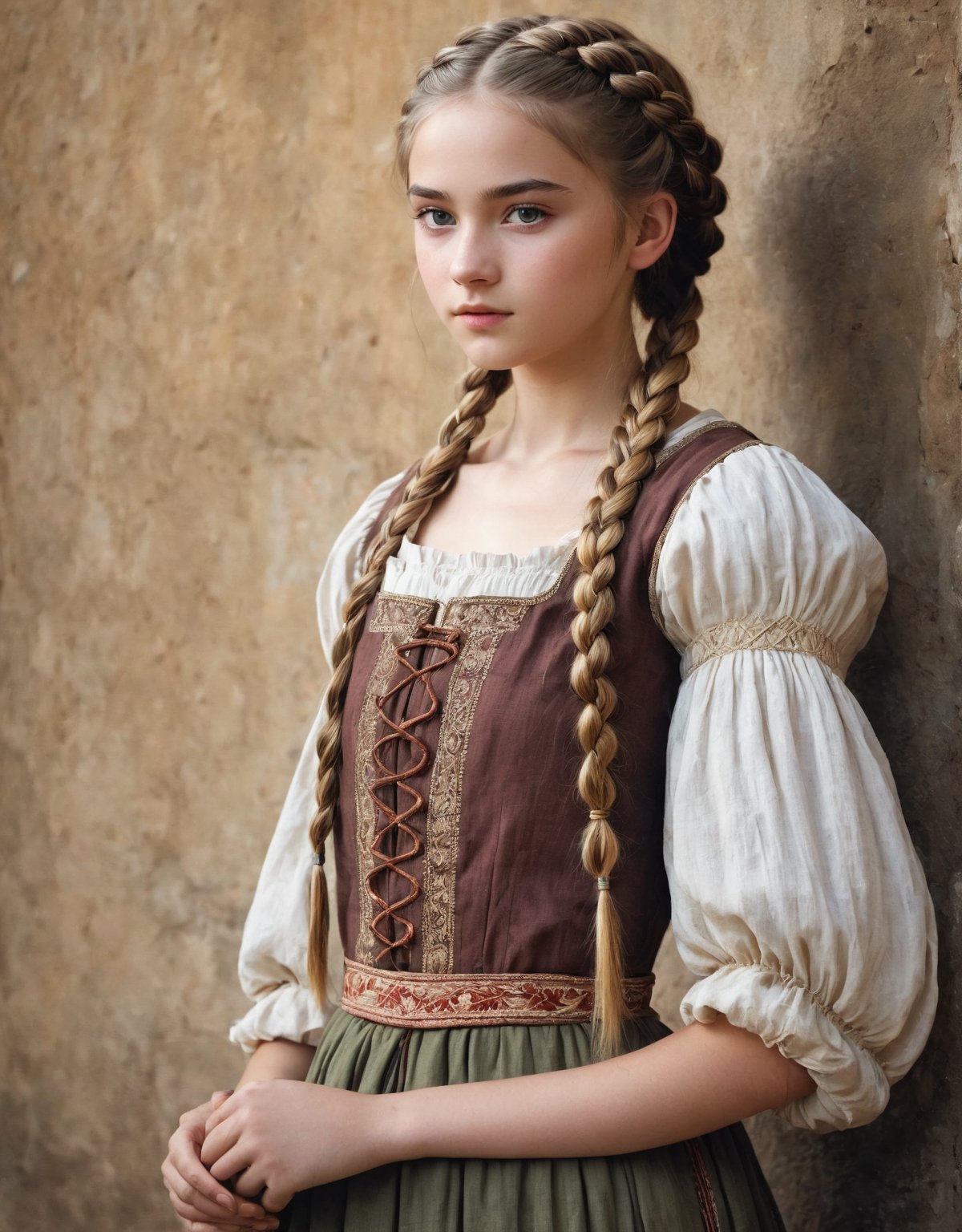  (full_body shot:2.0), 1girl, age 18, (girl wearing 8th century clothing), (european teen), braided hair, slender, dark theme, soothing tones, muted colors, high contrast, (natural skin texture, hyperrealism, soft light, sharp), perfecteyes eyes, hand, perfect, hand, fingers, photo of perfecteyes eyes,