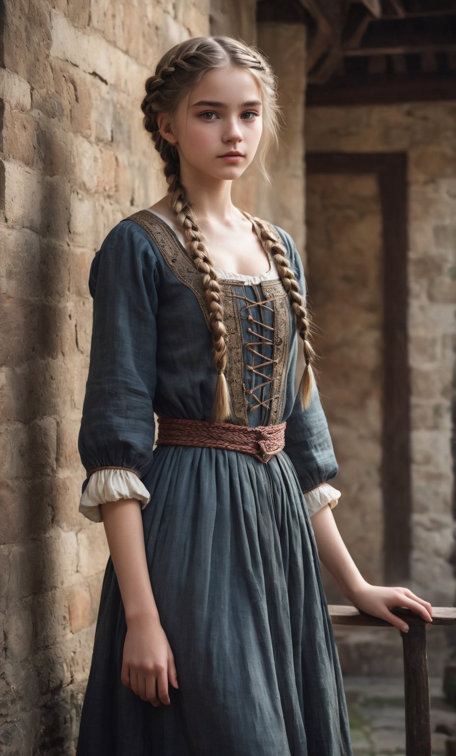  (full_body shot:2.0), 1girl, age 18, (girl wearing 8th century clothing standing on a platform), (european teen), braided hair, slender, dark theme, soothing tones, muted colors, high contrast, (natural skin texture, hyperrealism, soft light, sharp), perfecteyes eyes, hand, perfect, hand, fingers, photo of perfecteyes eyes,