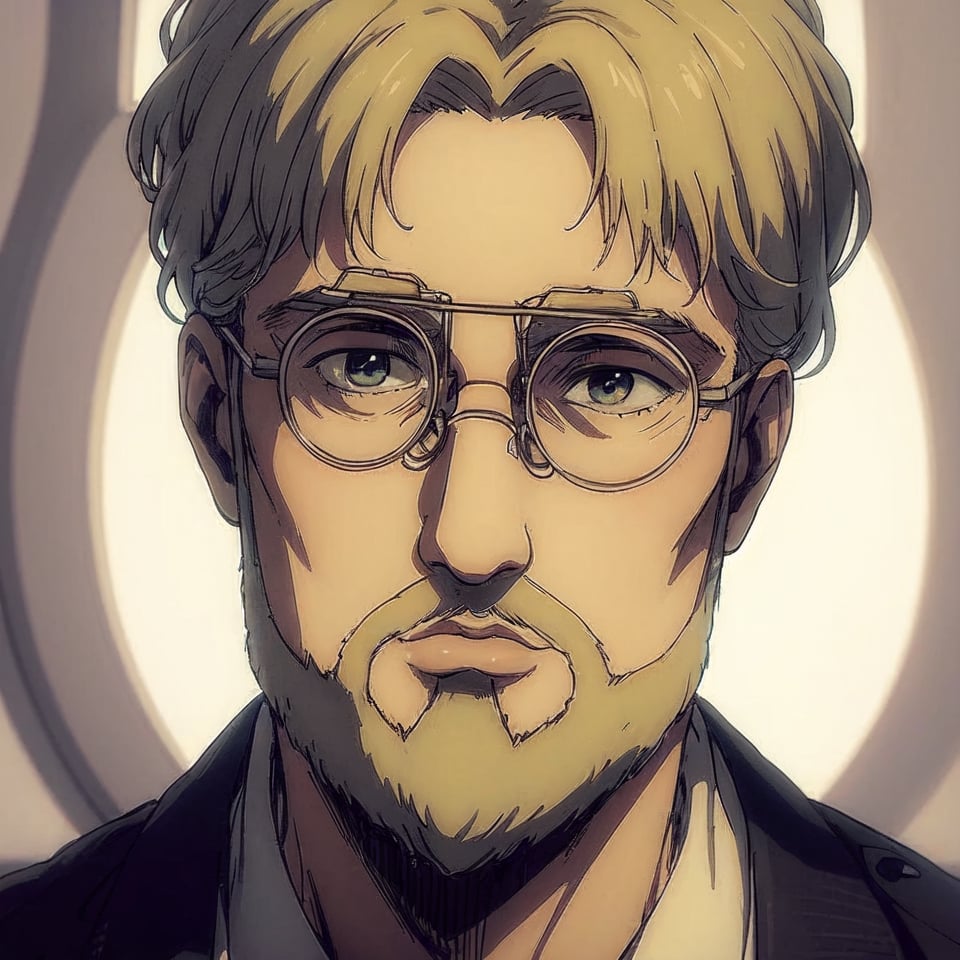 ((face,portrait)),Zeke Yeager, blonde, beard, glasses, handsome, 