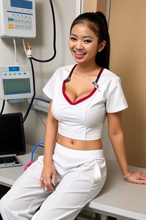 Big smile gorgeous Indonesian Hospital paramedic emergency room wear white nurse top paired with long white pants,  cleava...