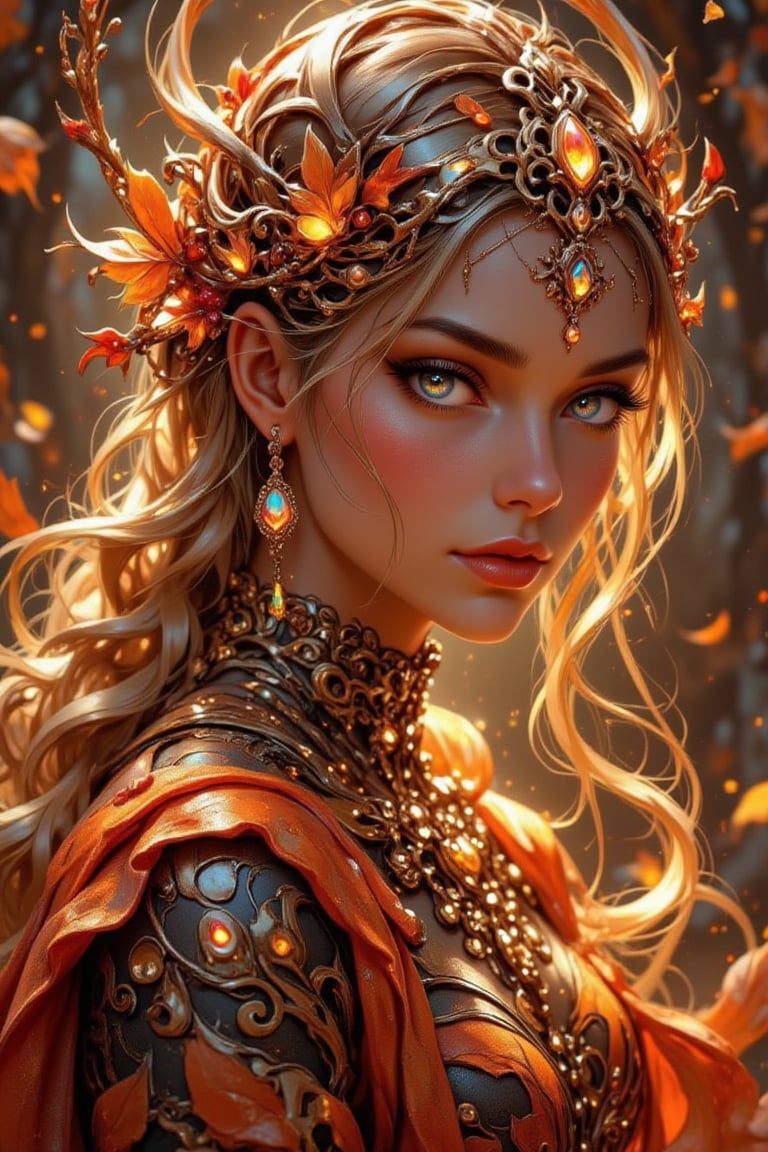 A captivating Autumn Dryad with an alluring,  looking at the camera,  curvaceous figure and an elegant by FelixClement78 o...