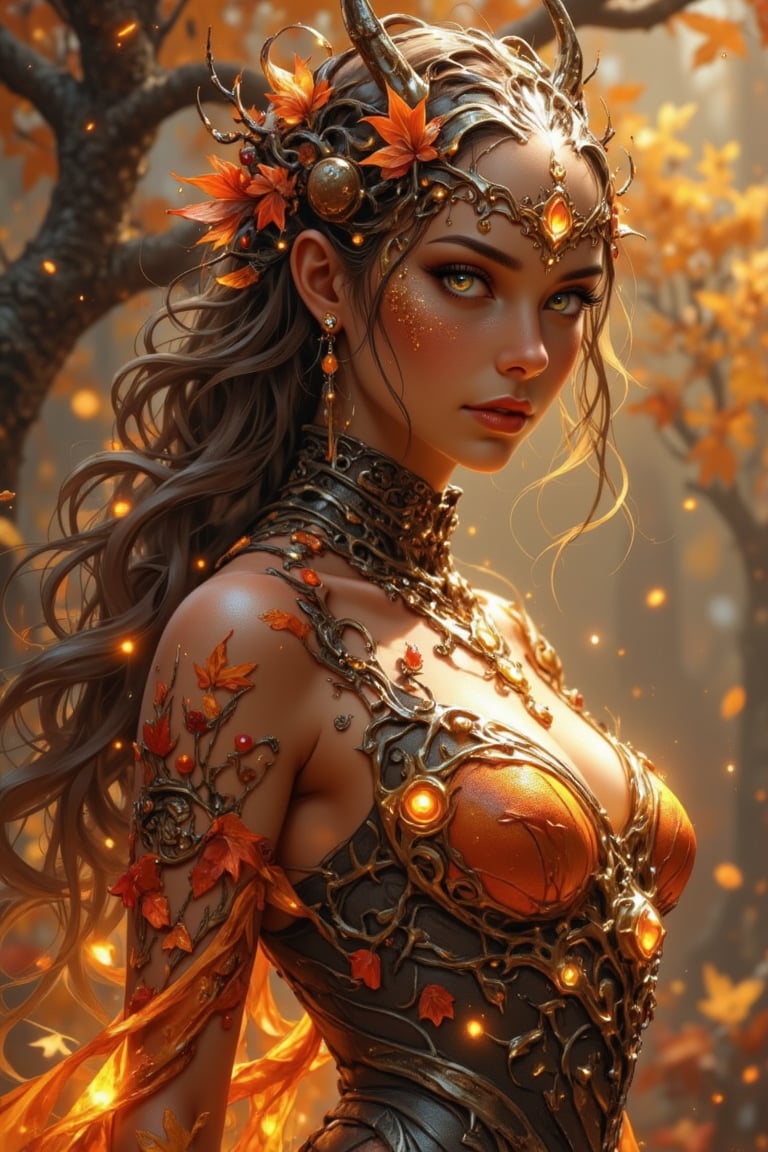 A captivating Autumn Dryad with an alluring,  looking at the camera,  curvaceous figure and an elegant by FelixClement78 o...