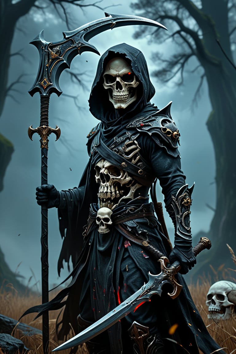 (​masterpiece、top-quality、top-quality、 Aesthetic:1.2)、(1man in:1.3)、Skull face grim reaper wielding a sword and scythe. very muscular arms, big body, epic Instagram, artstations, contour lines, hyperdetailed intricately detailed, Unreal Engine, magnifica, intricate detail, Complementary colour scheme, Realistic concept art, 8K, ​masterpiece, an oil painting, looking_at_camera, caldari, smiling girl,Muscle