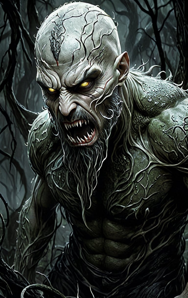 The horror art style of a creepy, an otherworldly creature a man with tentacles coming from his jawline-like beard hanging down, sharp features,:: sharp teeth, angry eyes,:: shaved head,:: very muscular, ::  ghostly skin and a very Muscular body. The background is a spooky look swamp, giving an eerie and unsettling atmosphere. emphasizing its sinister intentions. The overall composition is dark and foreboding, with a focus on the creature's grotesque and unsettling features, lower body immersed in the black misty swamp, and small dry tree branches in the swamp. cinematic composition, trending on ArtStation, volumetric lighting, raytracing,monster,DonMD3m0nV31nsXL,veins,demonic,organic,bio