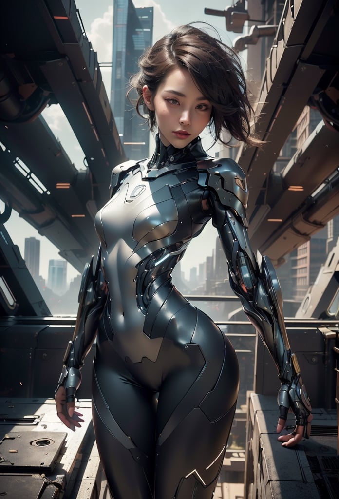 masterpiece, best quality, Solo girl, one girl, a beautiful sexy girl, standing on a pedestal, sexy hourglass figure,  smiling face, cyberpunk face, closed mouth, glossy skin, detailed big eyes, cute face, thick eyebrow, big fat lips, red lips, glossy thick lips, ((close up body from hip up)), Dramatic lighting, sci-fi lab background. slim body, Red short hair, High detailed face, face in the frame, (mid-close-up body view), brown eyes, detailed eyes, perfect hands, perfect feet, (looking at the viewer) hdr, 4k, 8k, ultra HD,  perfect eyes, High detailed, crisp image, (perfect eyes). full body view,  Enhance, High detail, full figure, machine legs and arms, detailed mechanical fingers, robot head, small breast, full body armor, chest armor, cyborg, robot, mechanical buddy universe,
masterpiece, cyber_tech body, perfect,stealthtech, (4k), (masterpiece), (best quality),(extremely intricate), (realistic), (sharp focus), (cinematic lighting), (extremely detailed), A futuristic tech ninja girl, standing on a neon-lit rooftop, overlooking a cyberpunk city. She is wearing a black stealth suit with glowing circuitry and armed with a katana blade and a variety of high-tech, cutting edge gadgets. ,stealthtech, scifi, cutting edge ,hackedtech, scifi, cyberpunk, green hues