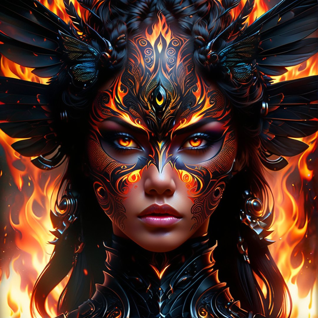 Those eyes are like the fire of a winged insect you’re an inferno armour, full body  Tribal style tattoo, Gothic design Armour, Abstract, Surrealism, Blackout, high quality, tattooed front face, looking at the viewer, fire in the background, face tattooed, black eye shadow, InBlackHoleTechAI