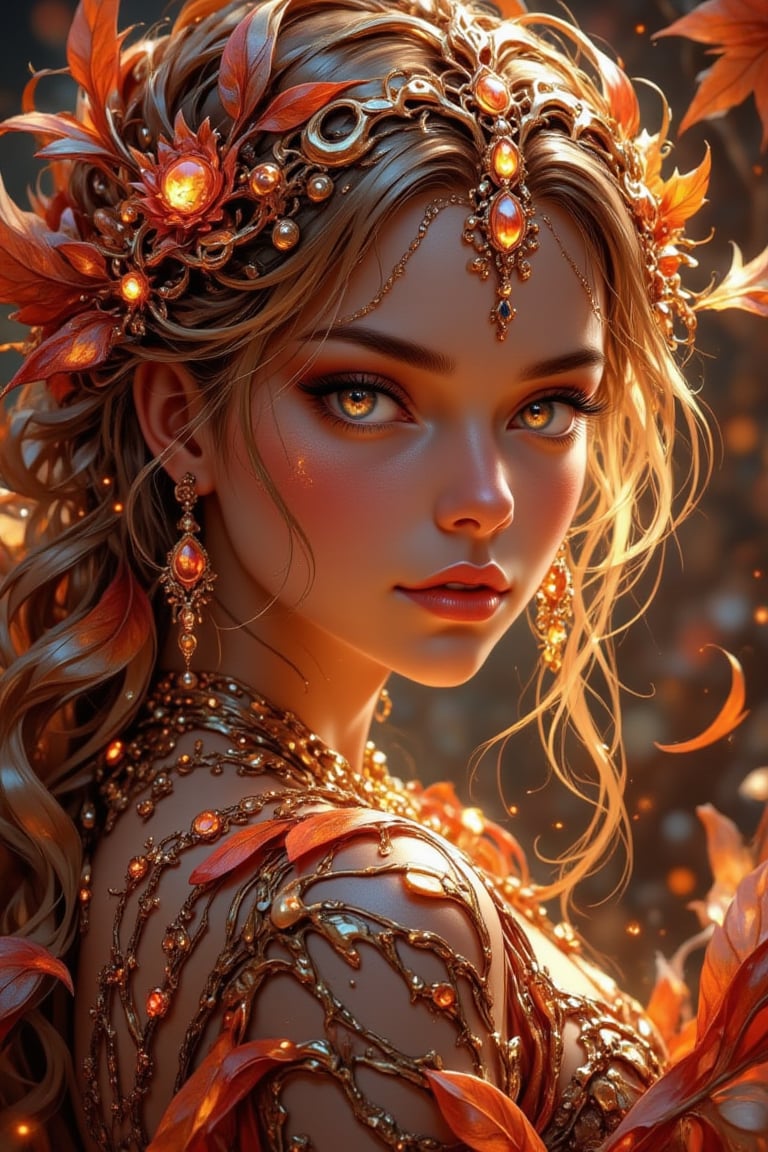 A captivating Autumn Dryad with an alluring,  looking at the camera,  curvaceous figure and an elegant by FelixClement78 o...
